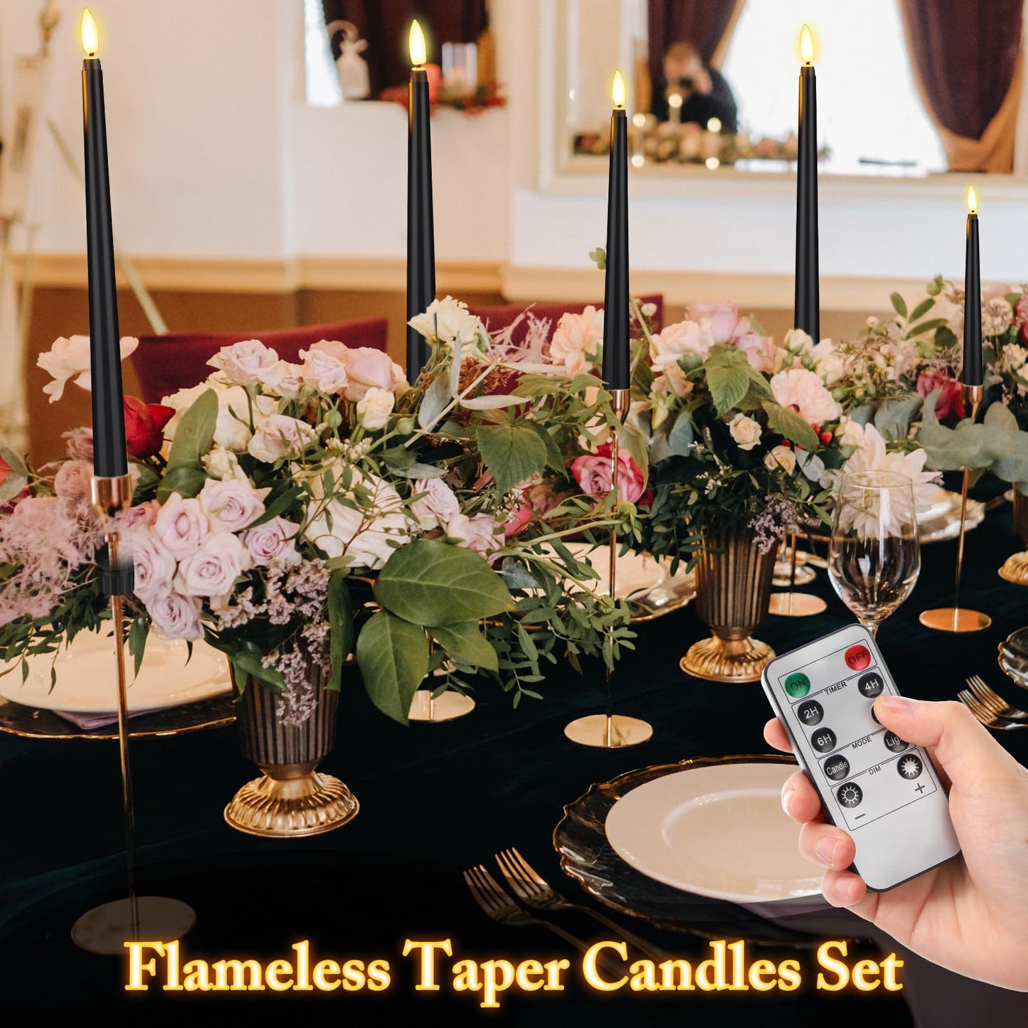 Rossesay 16 Pcs Black Flameless Taper Candles Battery Operated Candles with Remote Timer 8.5" 9.6" 10.8" 12.8" Multiple Sizes Black LED Flickering Candlestick for Wedding Centerpieces Party Decor