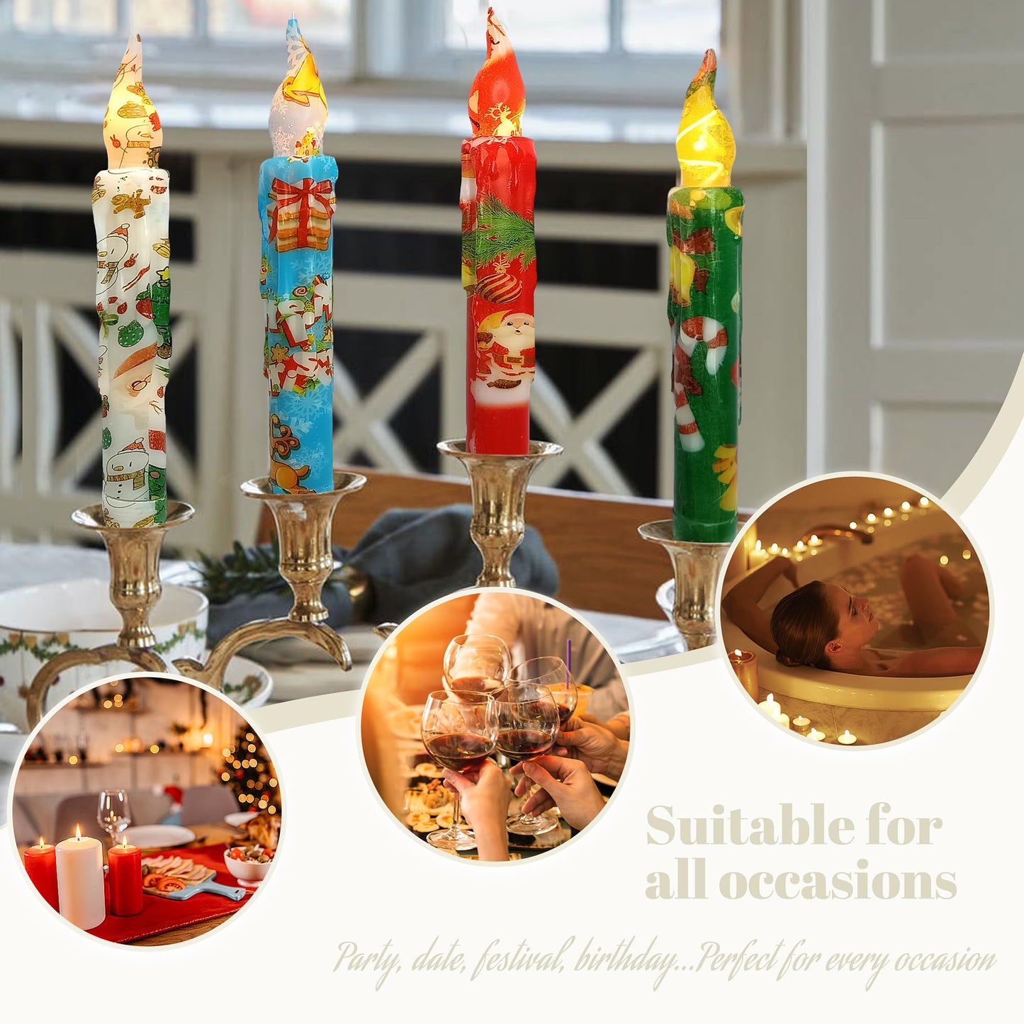 Christmas Candlesticks Flameless Taper Candle,Gedengni 4pcs Red LED Tapered Candles Remote Dipped Candle 6inch Green Battery Chandelier for Enchanting Weddings and Harry Potter Inspired Vigils(CHMAS)