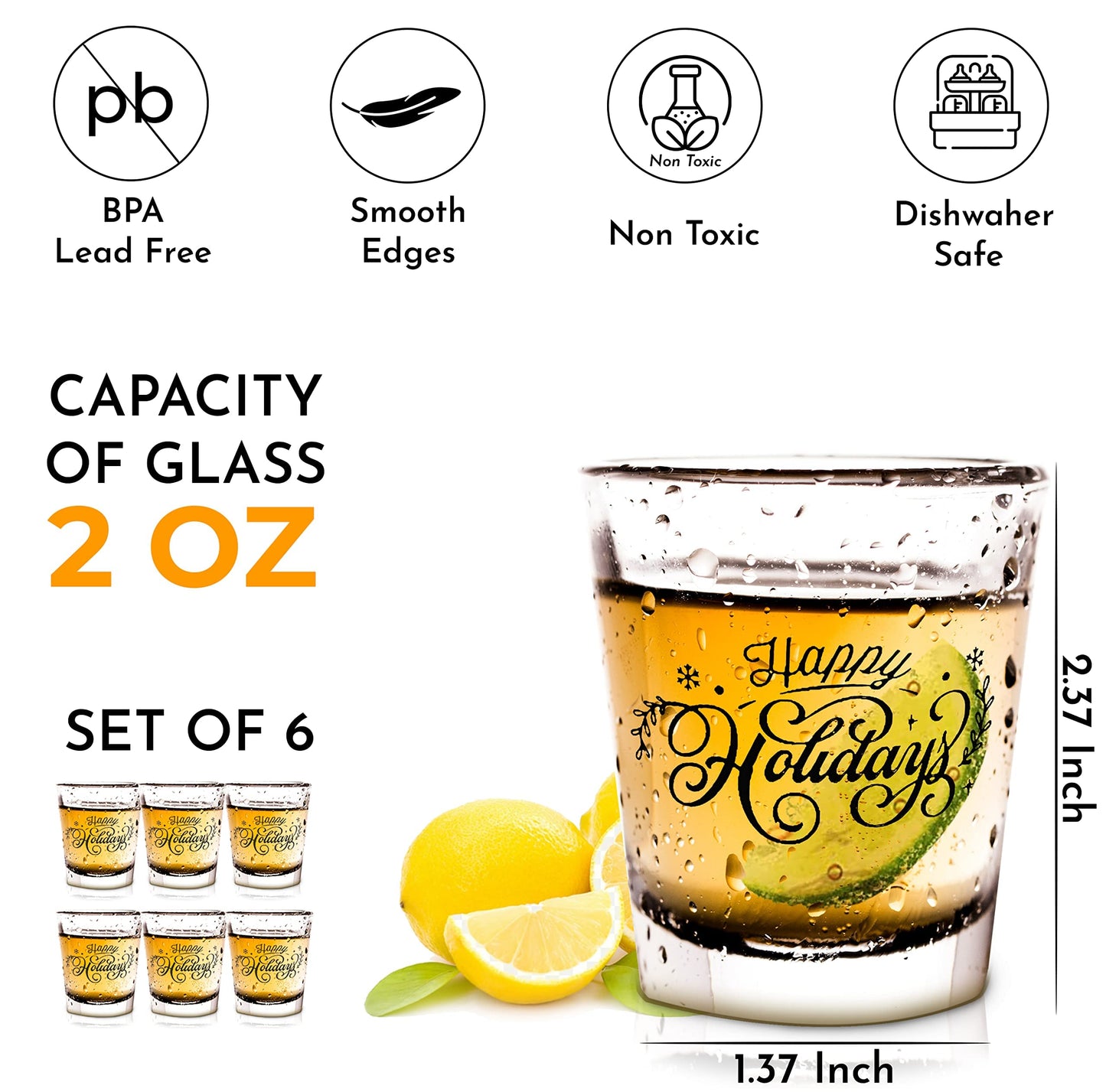 Bisyata Christmas Shot Glass Gift Set - Happy Holidays - For Thanksgiving - Glass Drinkware or Votive Candle Holder for Table Decoration - 2oz Set of 6 With Gift Box