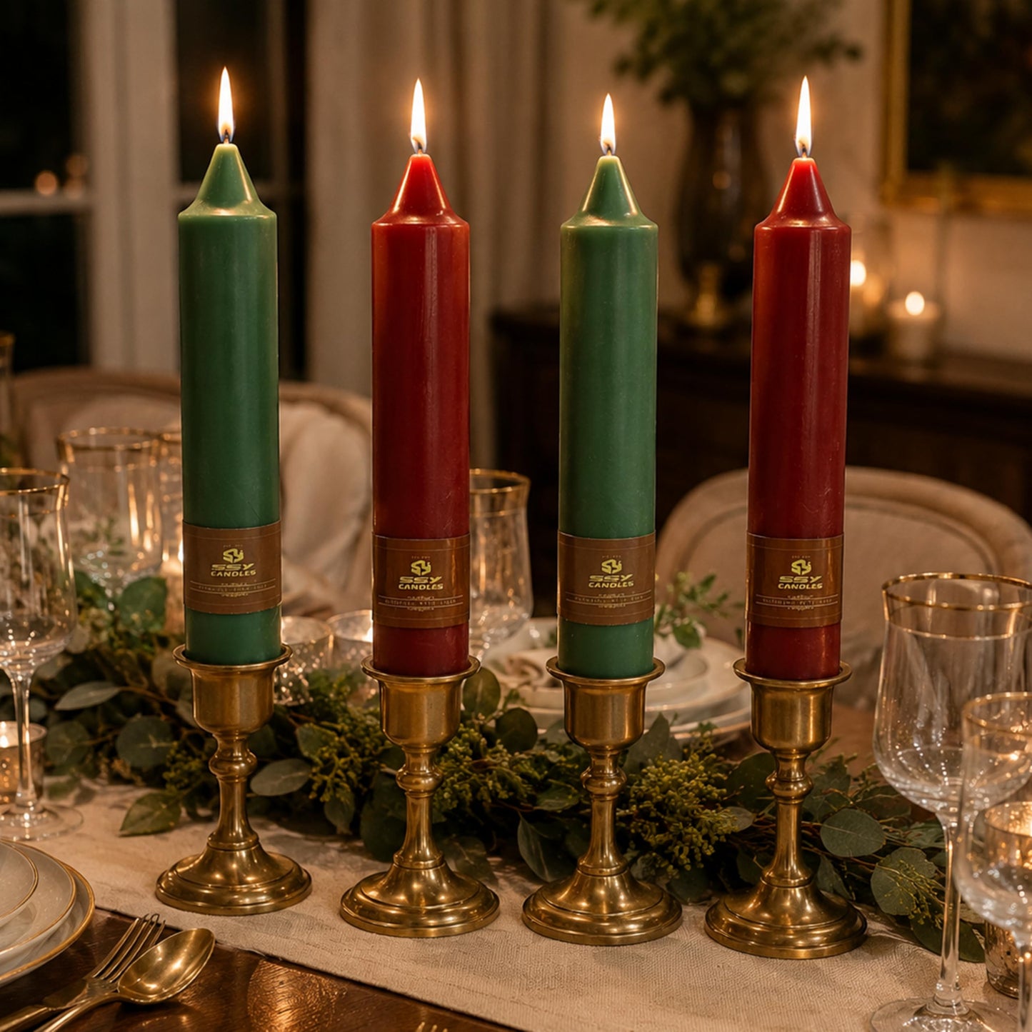 7 Inch Red Green Short Taper Candles Set of 4, Handmade Unscented Tapered Candles, Candle Stick Dinner Candles for Wedding Table Candlesticks Home Decor