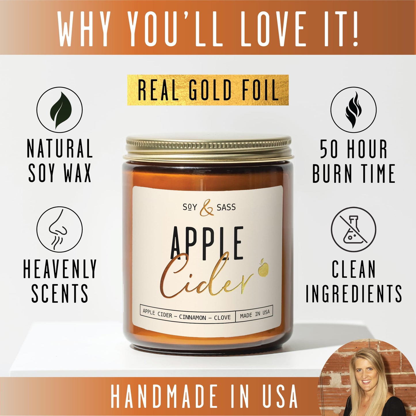 Apple Cider Candle, Fall Candles I Apple Cider, Cinnamon & Nutmeg - Infused with Essential Oils I Mulled Cider Fall Scented Candle (Soy) for Home I 9oz Reusable Jar I 50Hr Burn I Made in USA