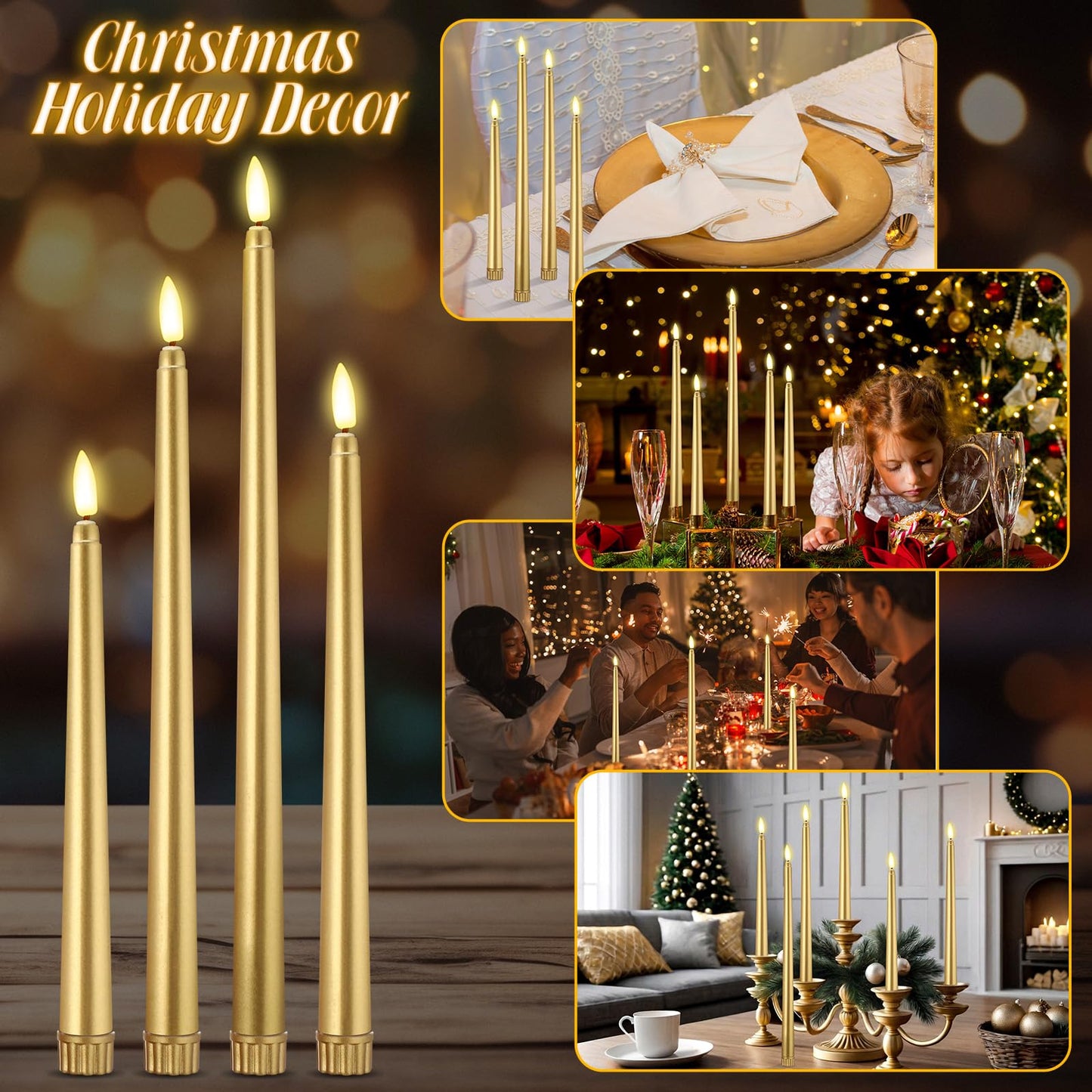 Rossesay 24 Pcs Flameless LED Taper Candles Battery Operated Candle 8.5", 9.65", 10.8", 12.8" Flameless Candlesticks Flickering for Christmas Church Wedding Indoor Decoration(Classic, Golden)