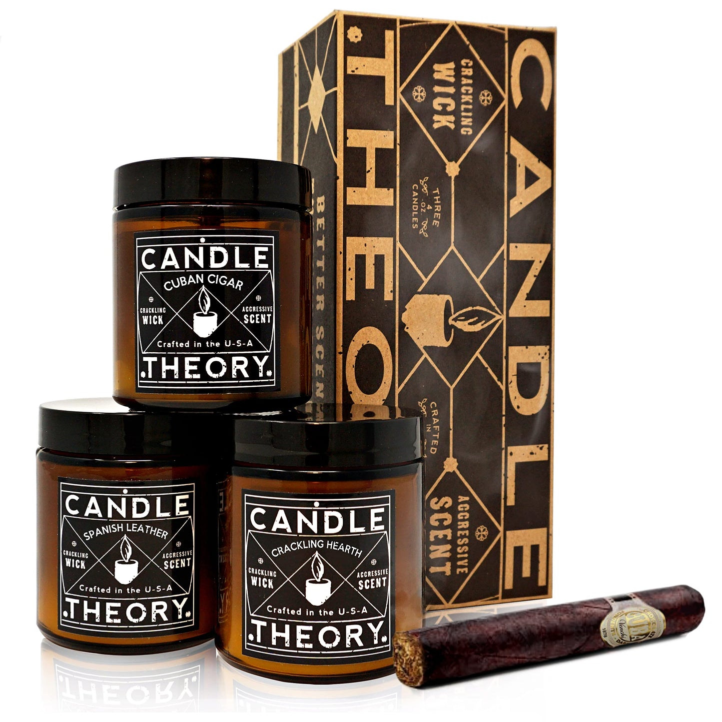 Scented Candle Gift Set of 3, 4oz Candles, Crackling Wood Wick Candled for Home, 3 Scents Cuban Cigar, Spanish Leather, Crackling Hearth, Mens Candle Bachelor Pad Decor Man Cave Decor