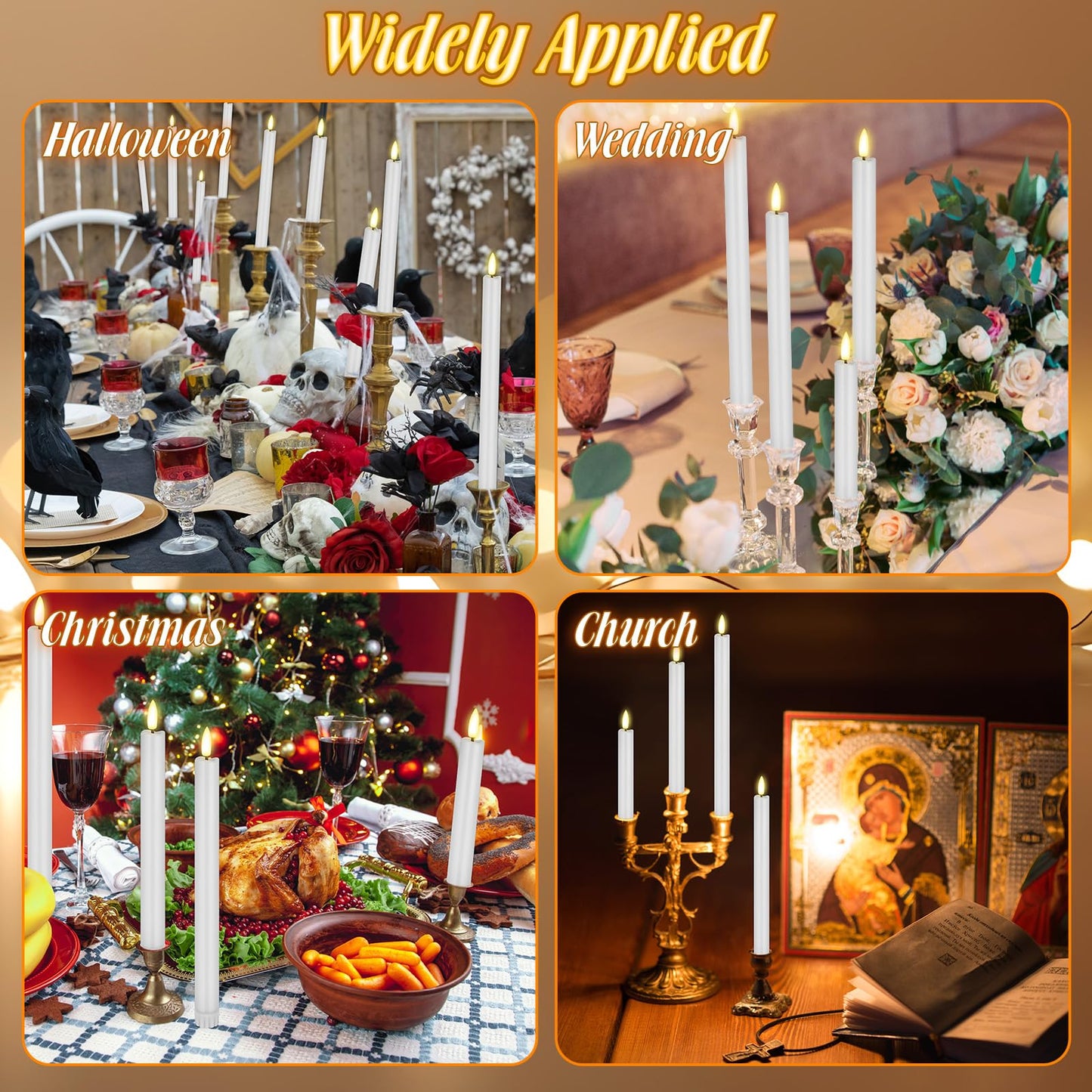 Rossesay 20 Pcs Flameless LED Taper Candles Battery Operated Taper Candles 5 Sizes of 6.5'', 7.7'', 8.8'', 10.0'', 11.2'' Flameless Candlesticks Flickering with 3D Flame for Wedding (White)
