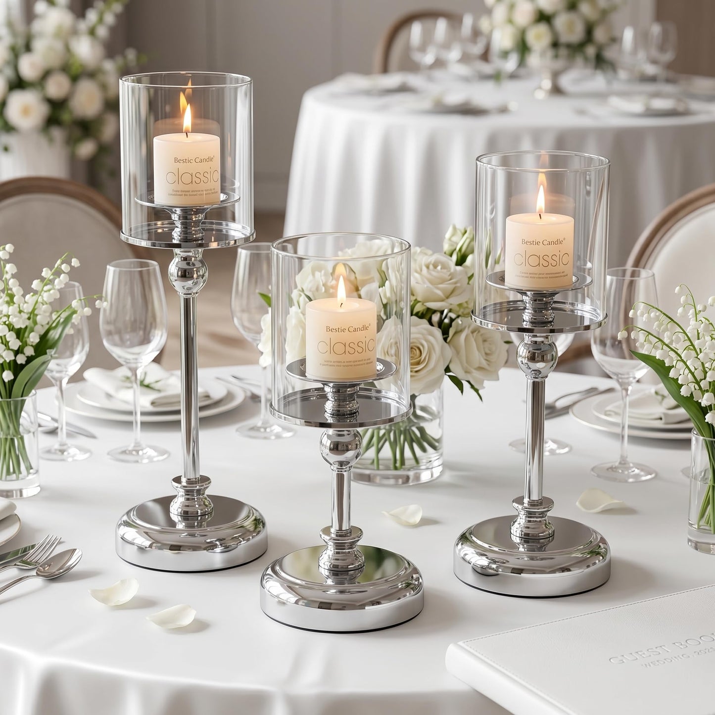 Oakernel Sliver Hurricane Candle Holders - Set of 3 Tall Candlestick Holders Windproof Taper Candle Holders, Metal Stand for Table Centerpiece Outdoor Indoor Wedding Party Holiday Decor