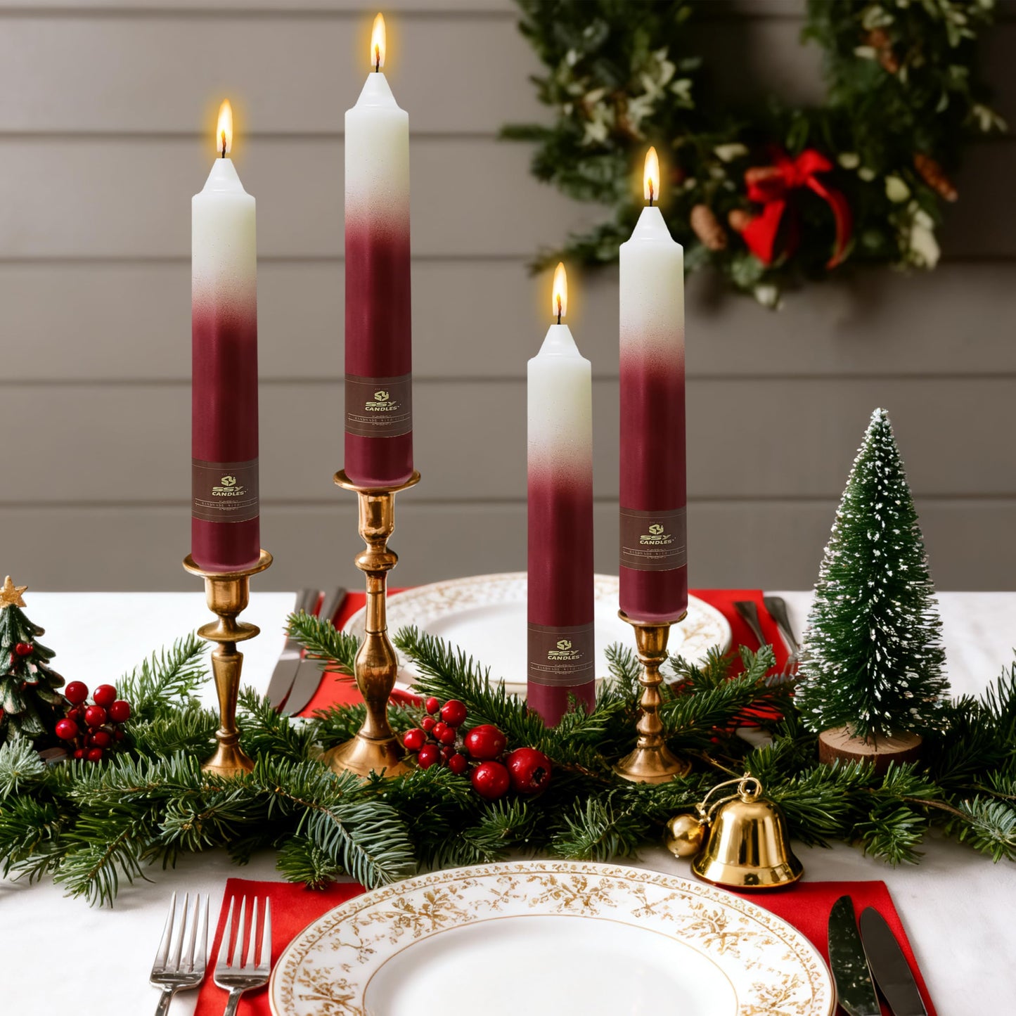 Christmas Metallic Red Candle 9 Inch Tall Smokeless Taper Candles 4 Pack Unscented Dinner Candle for Christmas Dinner