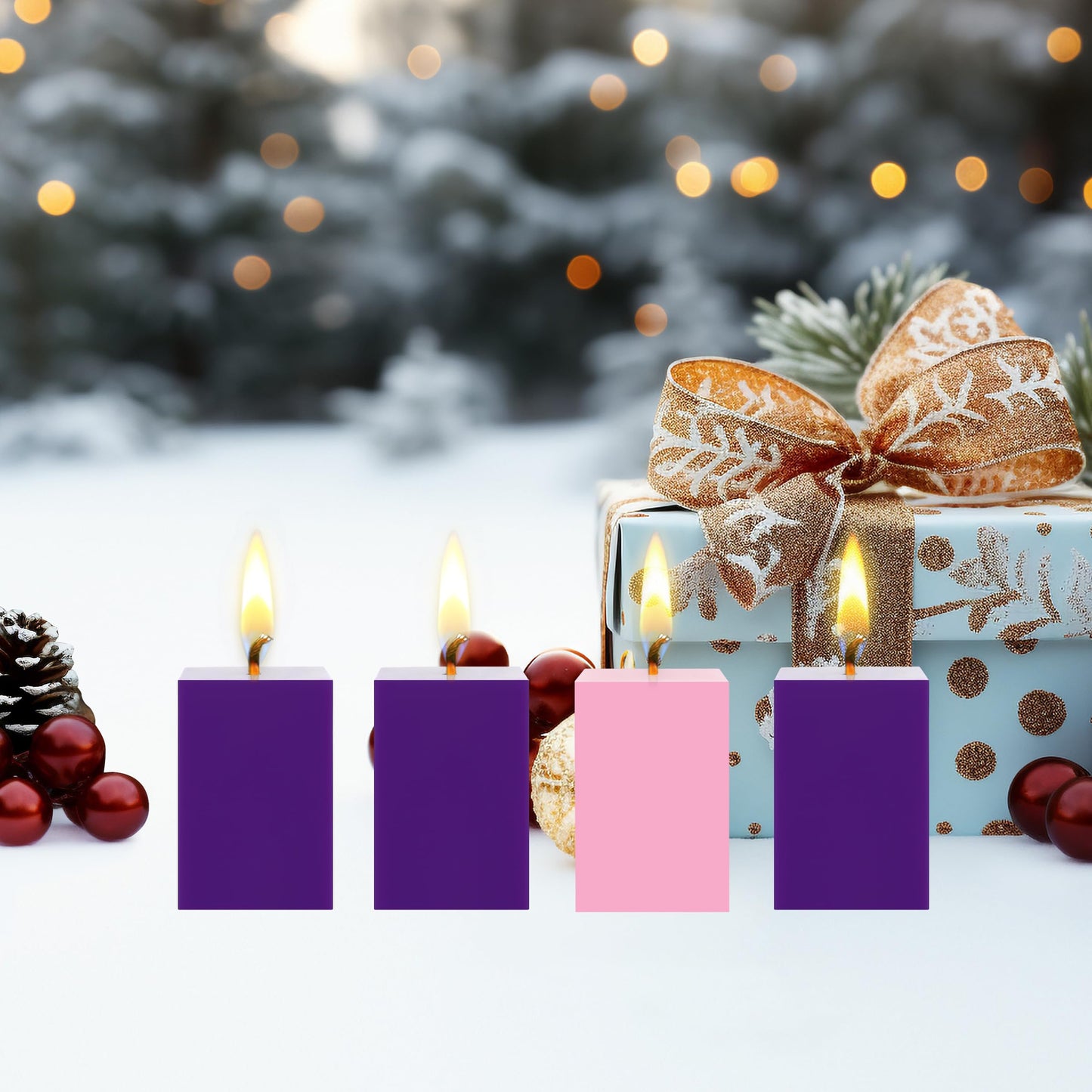 Mega Candles 4 pcs Unscented Christmas Advent Candles Set, Hand Poured Premium Wax Square Pillar Candle 2 Inch x 3 Inch, Holidays, Occasions, Events, Festivitiess, Devotional, Church, Wreath, Gifts