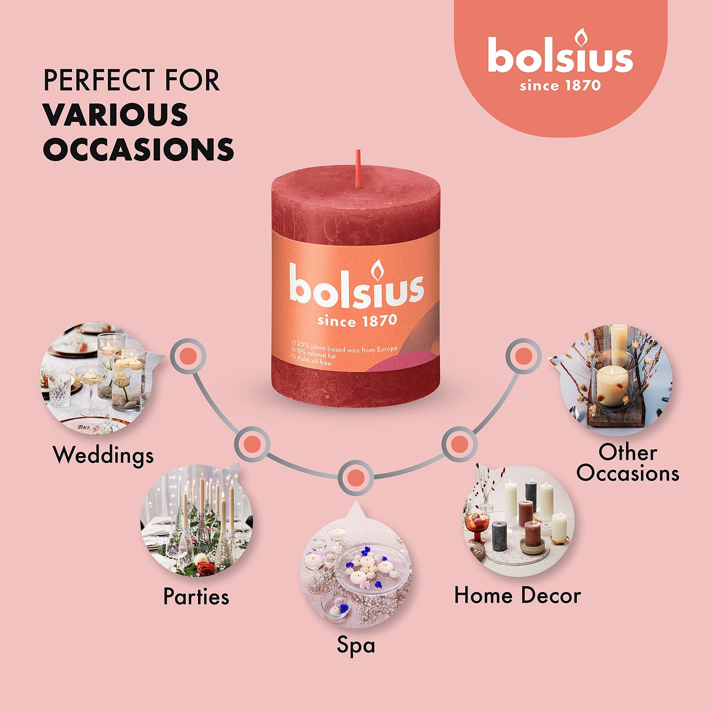 BOLSIUS 4 Pack Delicate Red Rustic Pillar Candles - 2.75 X 3.25 Inches - Premium European Quality - Includes Natural Plant-Based Wax - Unscented Dripless Smokeless 35 Hour Party Décor Candles