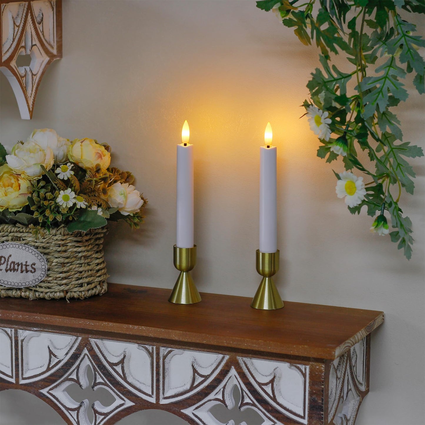 Mavandes 6.4 Inches Plastic LED Taper Candles with Remote and Timer,White Flameless Battery Operated Flickering Candlesticks,Pack of 6 Flameless 0.78” Diameter 3D-Wick Tall Window Candles,Long-Lasting