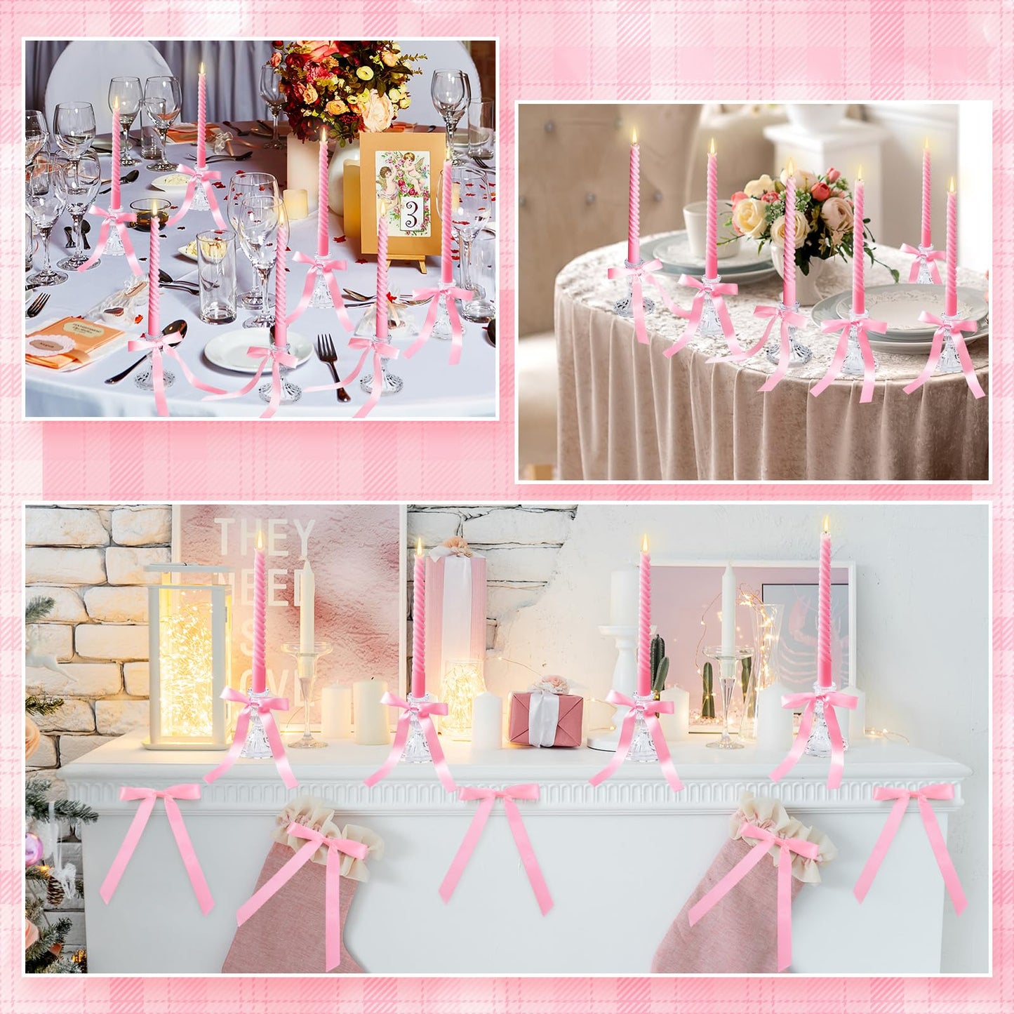 Mumufy 6 Set Pink Bow Candles Coquette Taper Candles with Candle Holder Bow Candlestick Holder Table Centerpieces Decorations Pink Gifts for Coquette Bachelorette Bridal Wedding Birthday Party