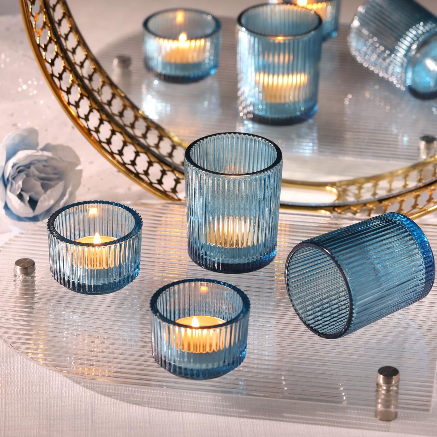 NITIME 20pcs Ribbed Blue Votive Candle Holders, Assorted Tea Lights Candle Holder, Blue Glass Candle Holders for Table Centerpiece, Wedding Table Settings and Party Decorations