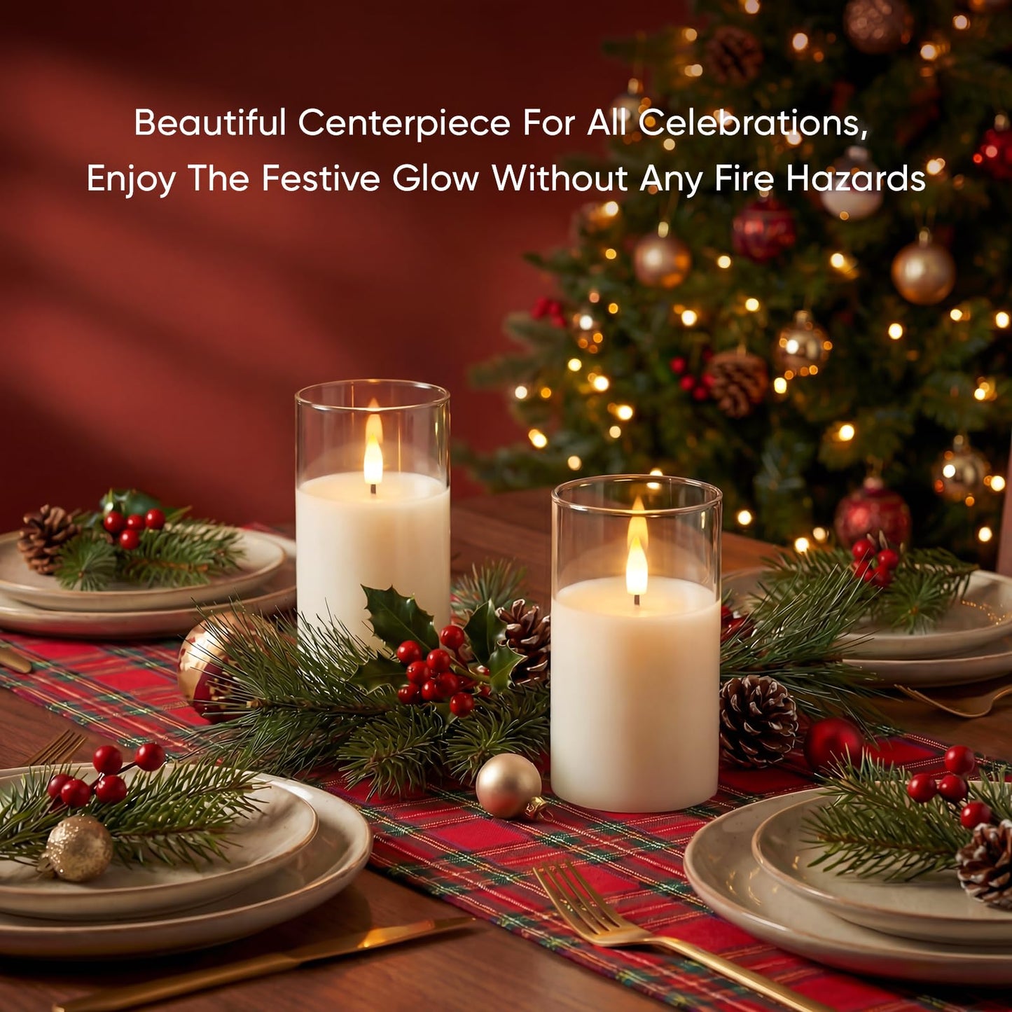 Amagic 3"x5" Clear Glass Flameless Candles Battery Operated with Timer, Remote Control, LED Pillar Candles, Battery Powered, Valentine's Day Decor, Pure White Wax, Set of 2