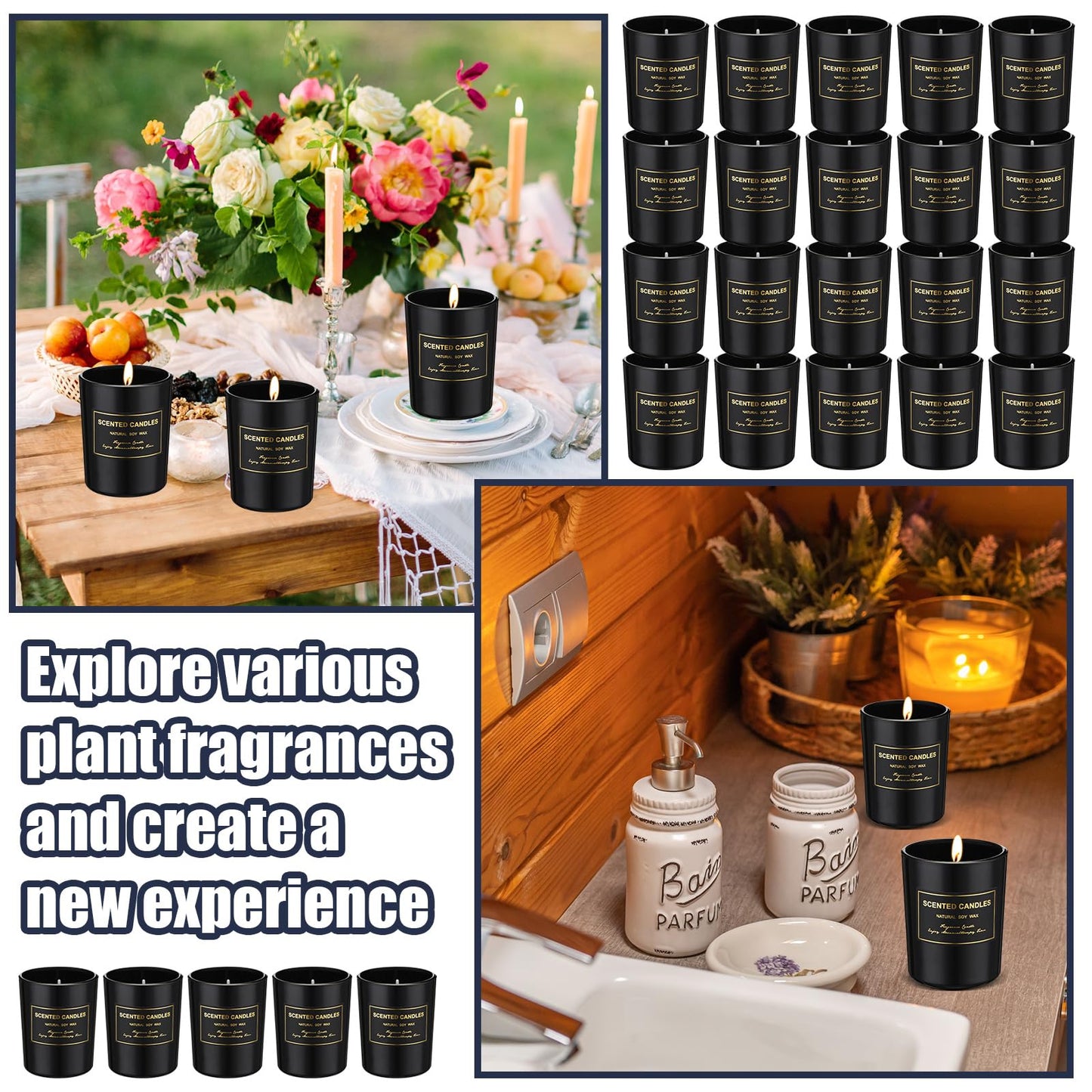 MTLEE 48 Pcs Scented Candles Bulk End of Year Teacher Thank You Gift Candles Wedding Aromatherapy Soy Wax Jar for Birthday CNA Week Appreciation Staff Coworker Guest Favor(Black)