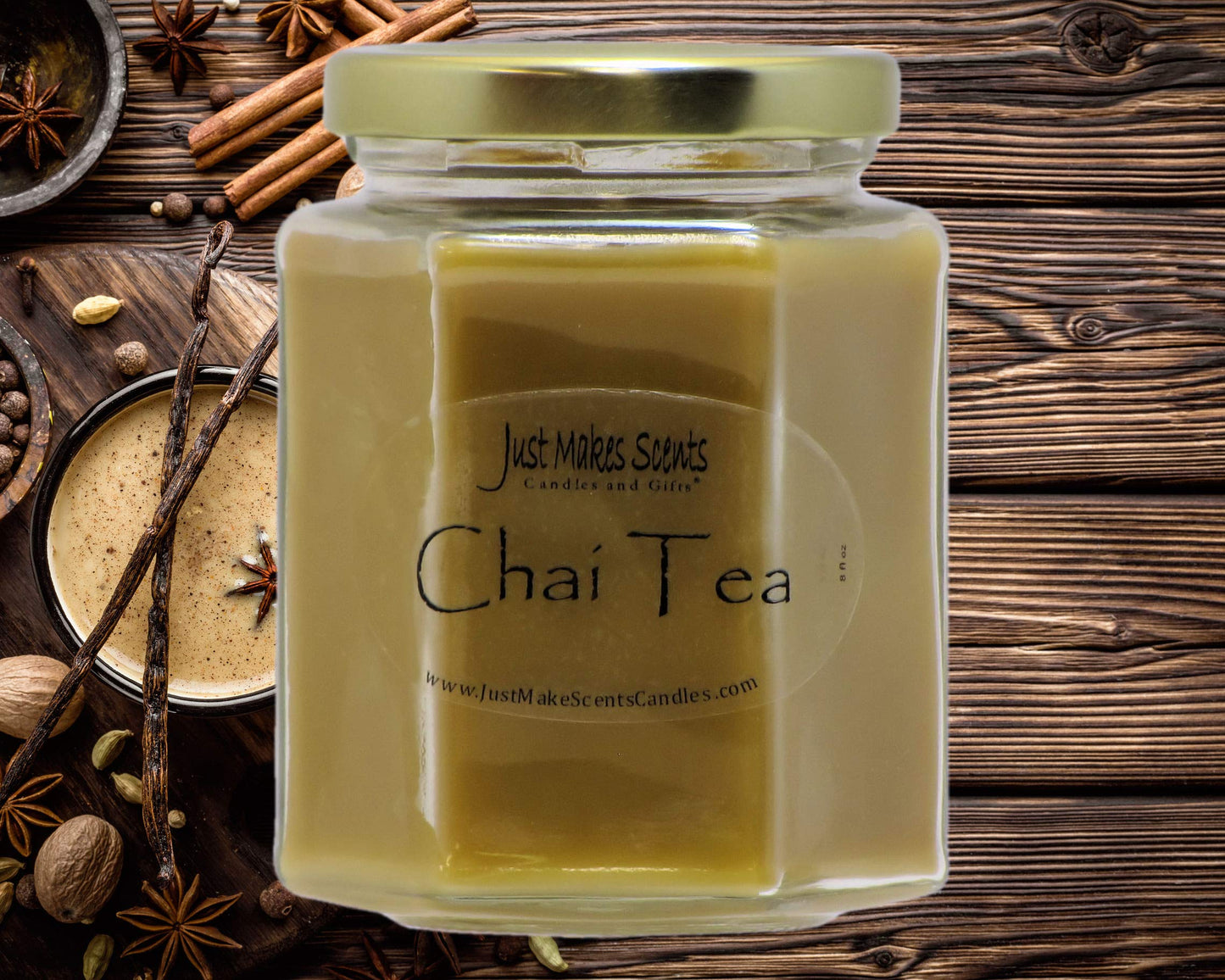 Chai Tea Scented Candle | Gourmet Tea Leaves, Rich Spices, and Vanilla Soy Milk | Hand Poured in The USA by Just Makes Scents