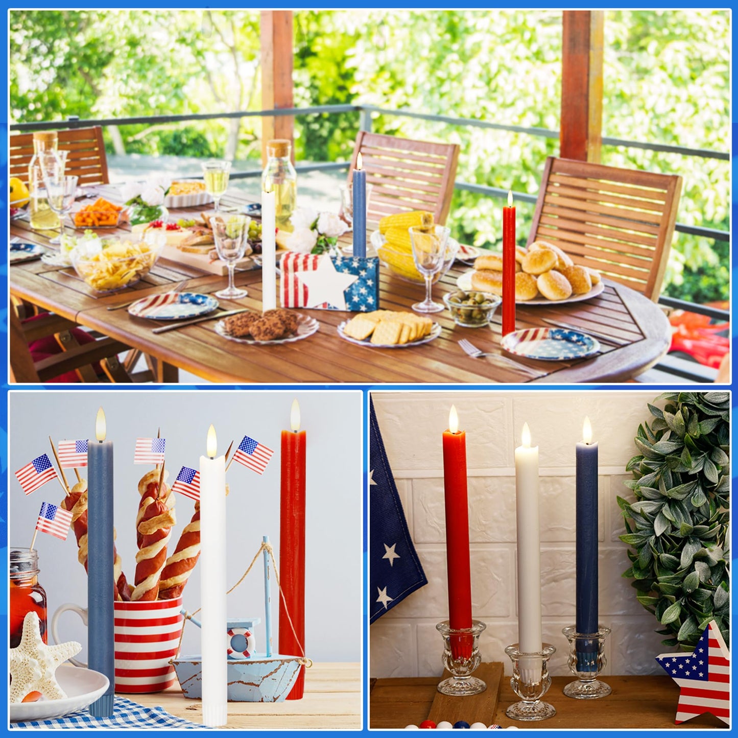 AFINETH Red White and Blue Flameless Taper Candles with Remote, 9.6" Real Wax Patriotic Flameless Candles, Battery Operated 4th of July Candlesticks, Flickering Independence Day Candle Decor, 3 Pack