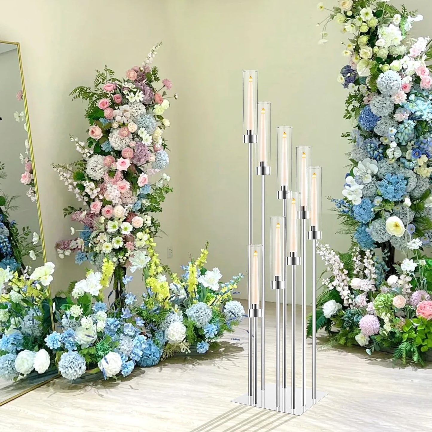 Floor Candelabra Wedding Centerpiece, 45.3'' Tall Floor Candle Holder Set, 8-arm Silver Metal Candlestick Holders with Acrylic Shades, LED Taper Candle Holder Stand for Party Wedding Home Decor