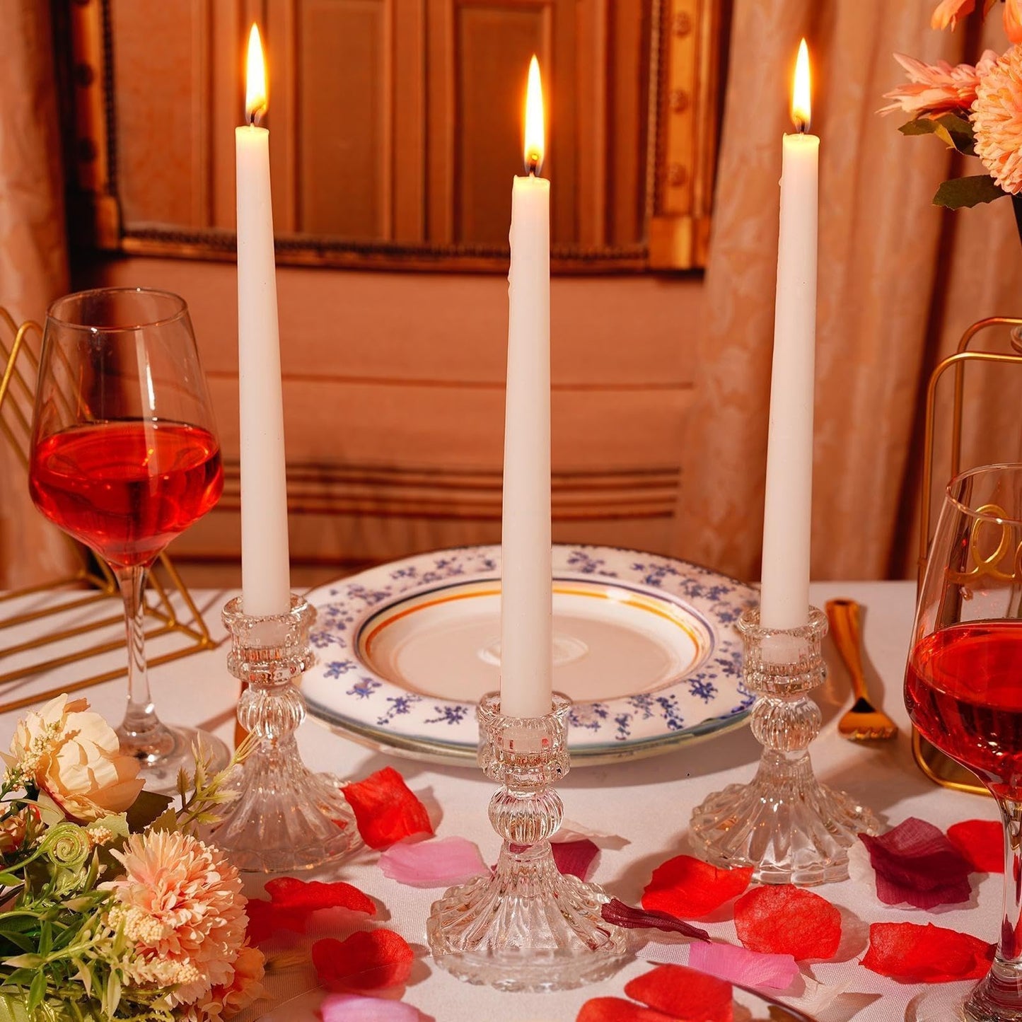 Suclain 12 Pcs Wedding Candlestick Holders Taper Candles Set Clear Glass Candle Holder and White Tapered Candles Dripless Tall Candle Sticks for Wedding Party Table Favor(Transparent)