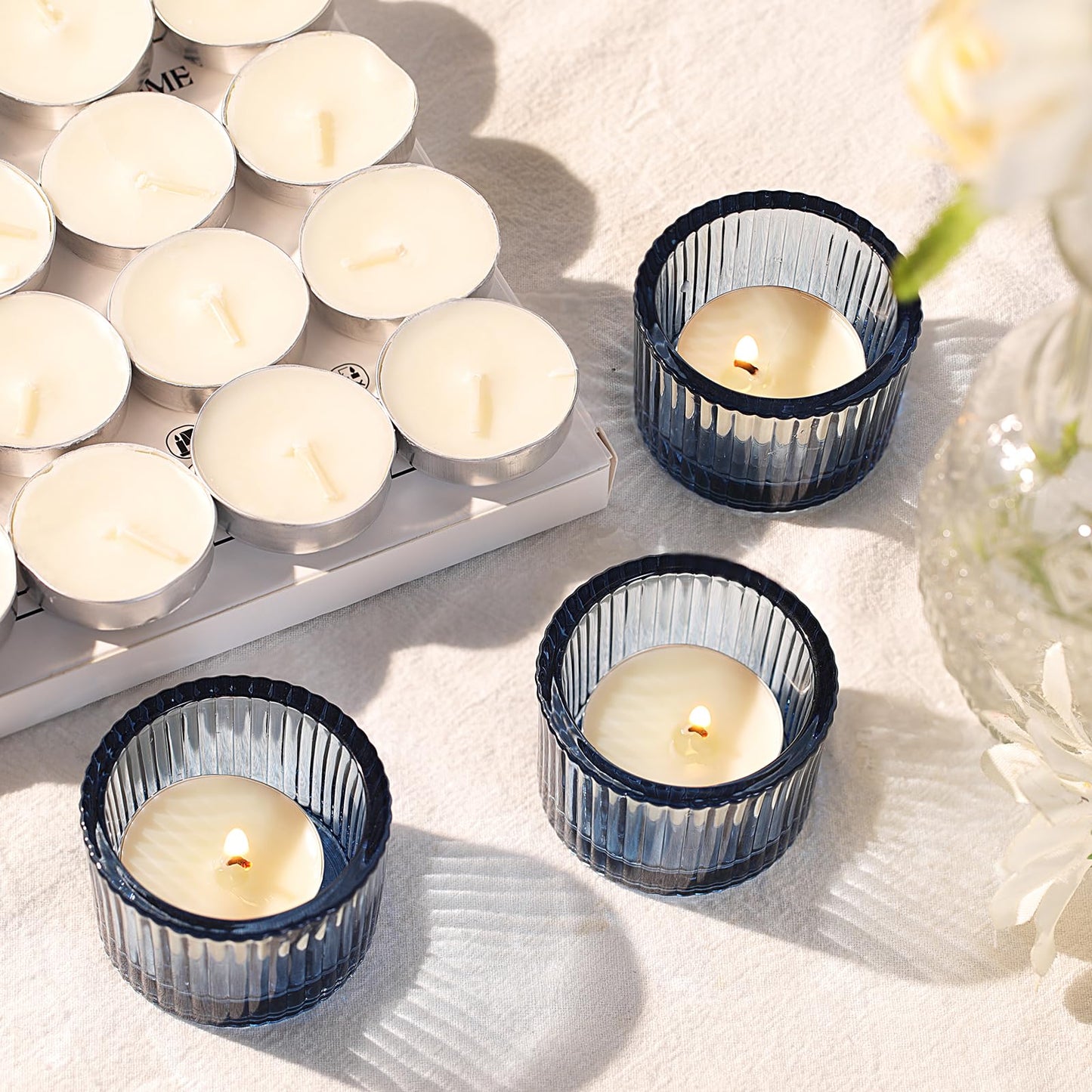 NITIME 30Pcs Blue Tealight Candle Holder, Ribbed Votive Candle Holders Glass with 32pcs Tea Light Candles for Wedding Decor, Home Decor and Party Decor