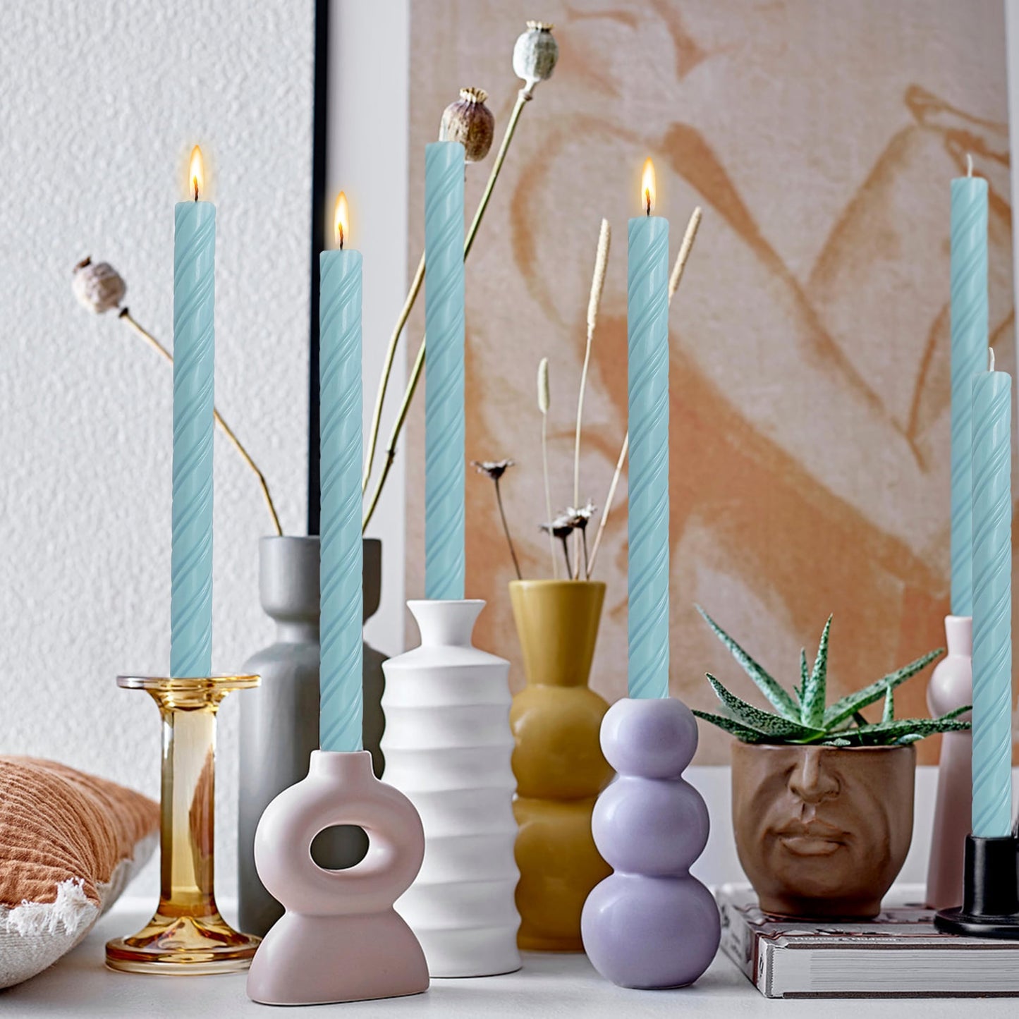 Spiral Taper Candles Blue Unscented Twisted Candlesticks 10 Inch Long Smokeless Ribbed Candle Sticks Creative Totem for Party Home Decor Gifts 6 Pcs