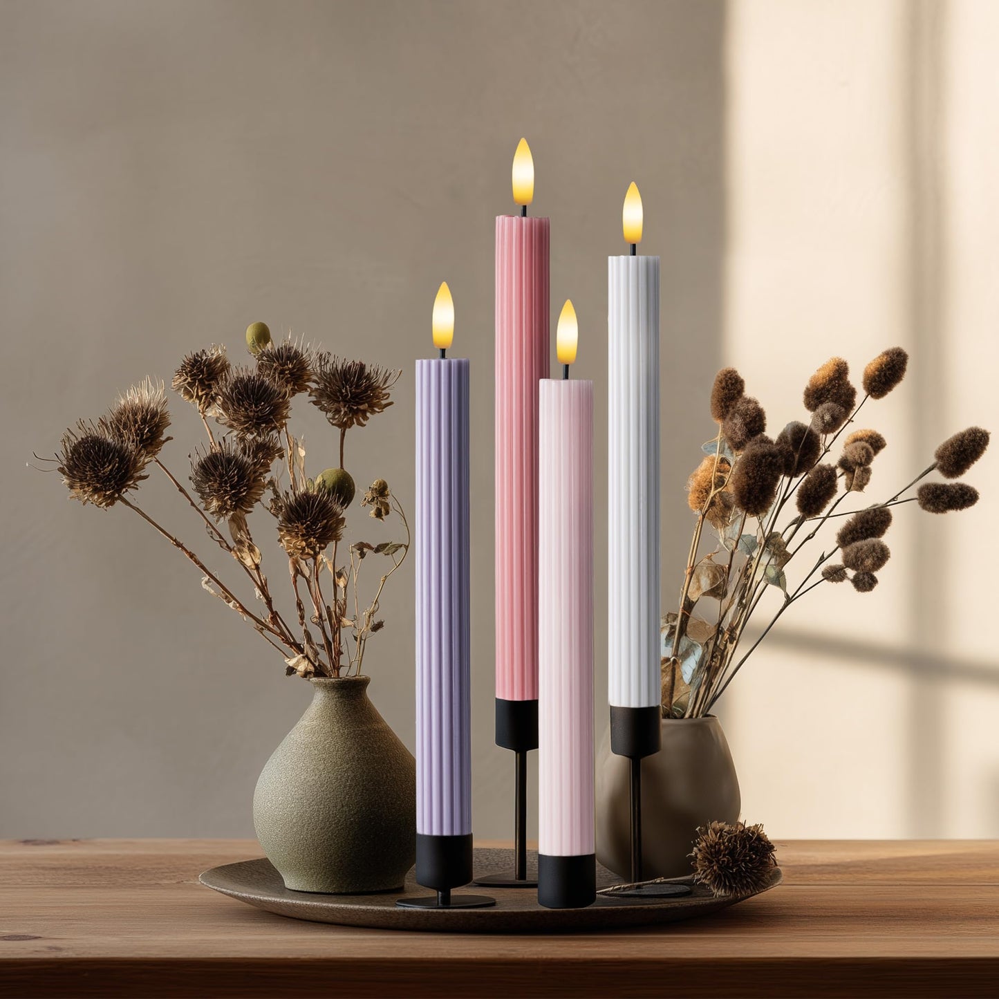 WYZworks Coordinated Dusty Mauve Pinkish Lilac 4 Pack, 10" Real Wax LED Flameless Fluted Ribbed Grooved Taper Candles, Remote & Timer Memory, On/Off Button, Dimmable, Battery Operated, Menorah Wedding