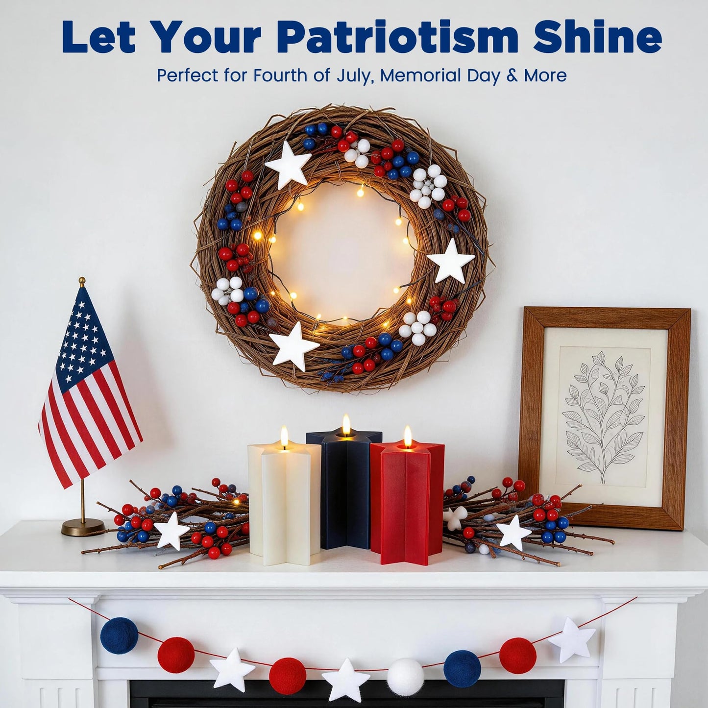 Velsyn Americana Set of 3 Red, White & Blue Star-Shaped Flameless Candle Pillars - Real Wax 3D Flame LED Candle