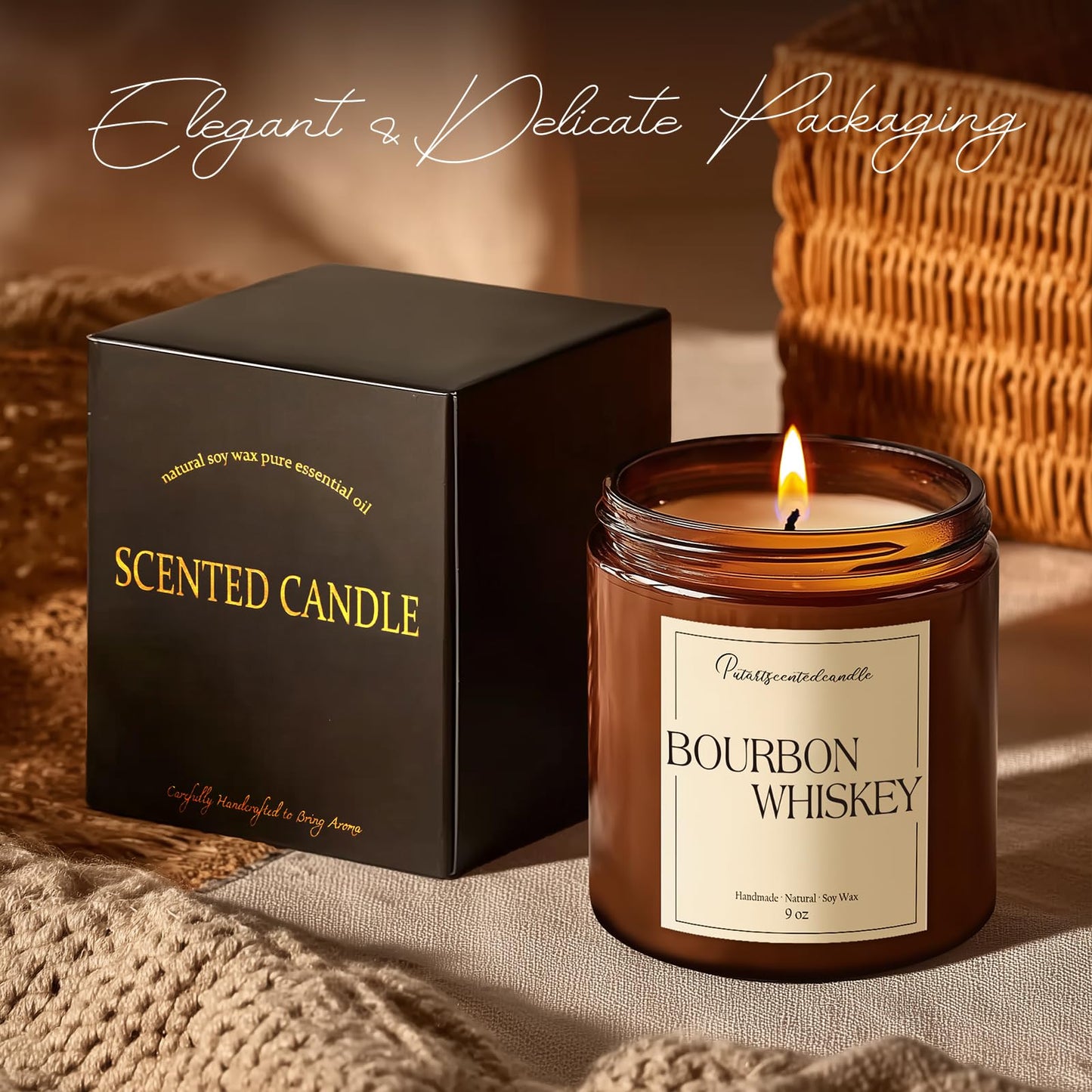 Putart Bourbon Whiskey Scented Candle for Home, Natural Soy Wax Aromatherapy Non Toxic Candle Gifts for Women & Men, Handmade Highly Scented & Long Lasting Jar Candle for Stress Relief (9oz)