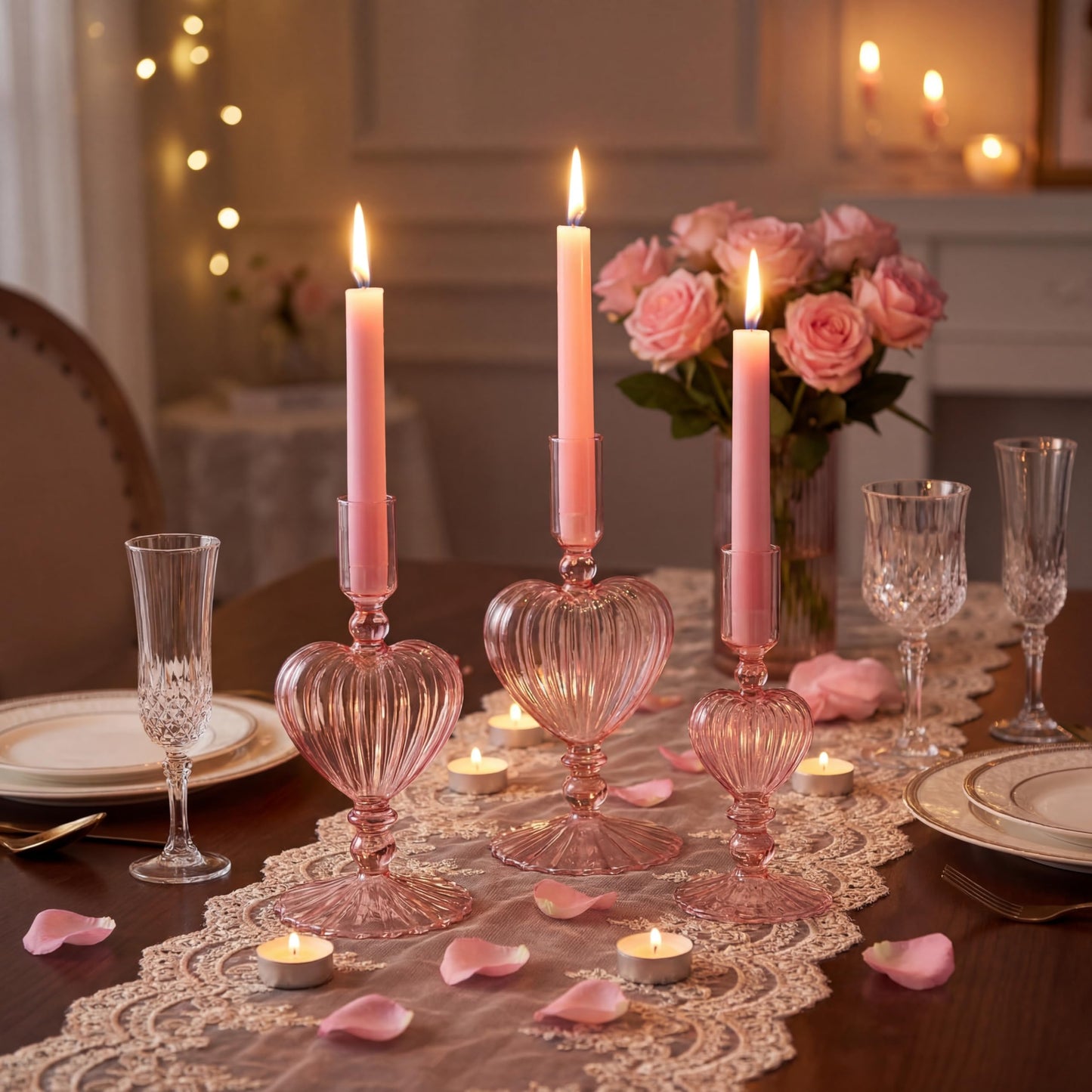 Maxdot 3 Pcs Valentine's Day Pink Glass Candle Holders Pink Heart Glass Taper Candle Holders Heart Candlestick Vase Decor for Valentines Wedding Receptions Festival Party Table Centerpieces Decoration