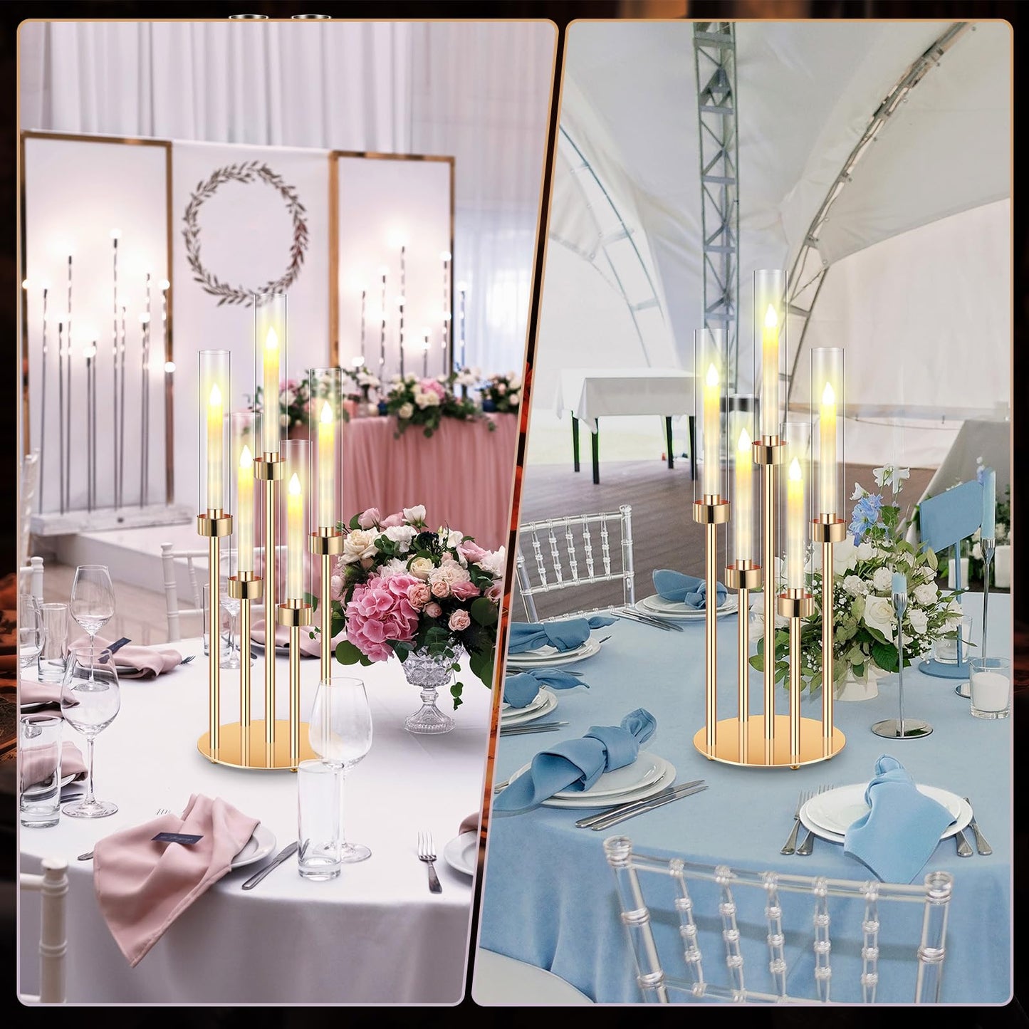 Tandefio 2 Set Gold Candelabra Centerpieces for Tables, 26.8 Inch 5 Arm Candle Holders with LED Candles and Acrylic Cylinders, Tall Acrylic Wedding Table Centerpieces for Reception Dinner Party Decor