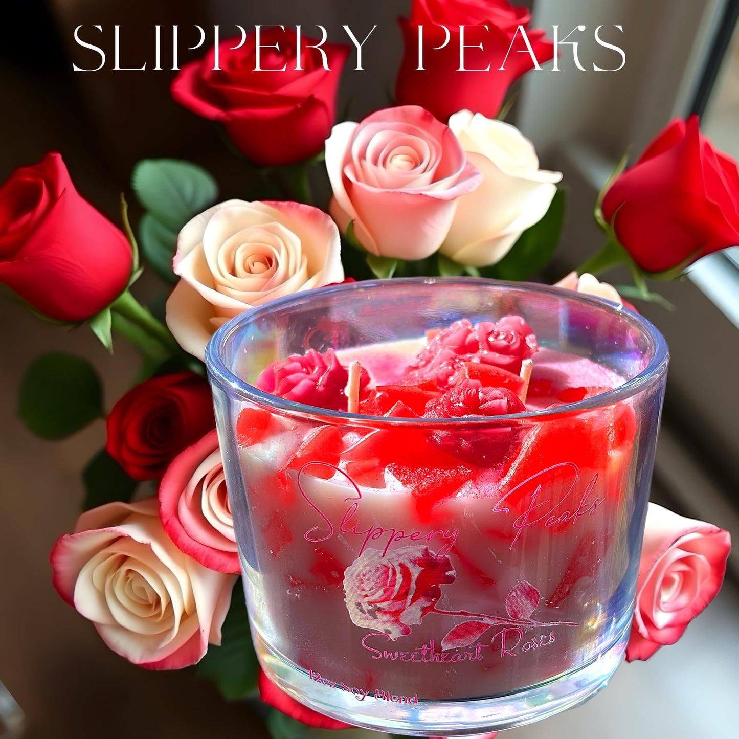 Slippery Peaks Sweetheart Roses Scented Glass Candle, Red and White Design, Decorative Rose Pattern