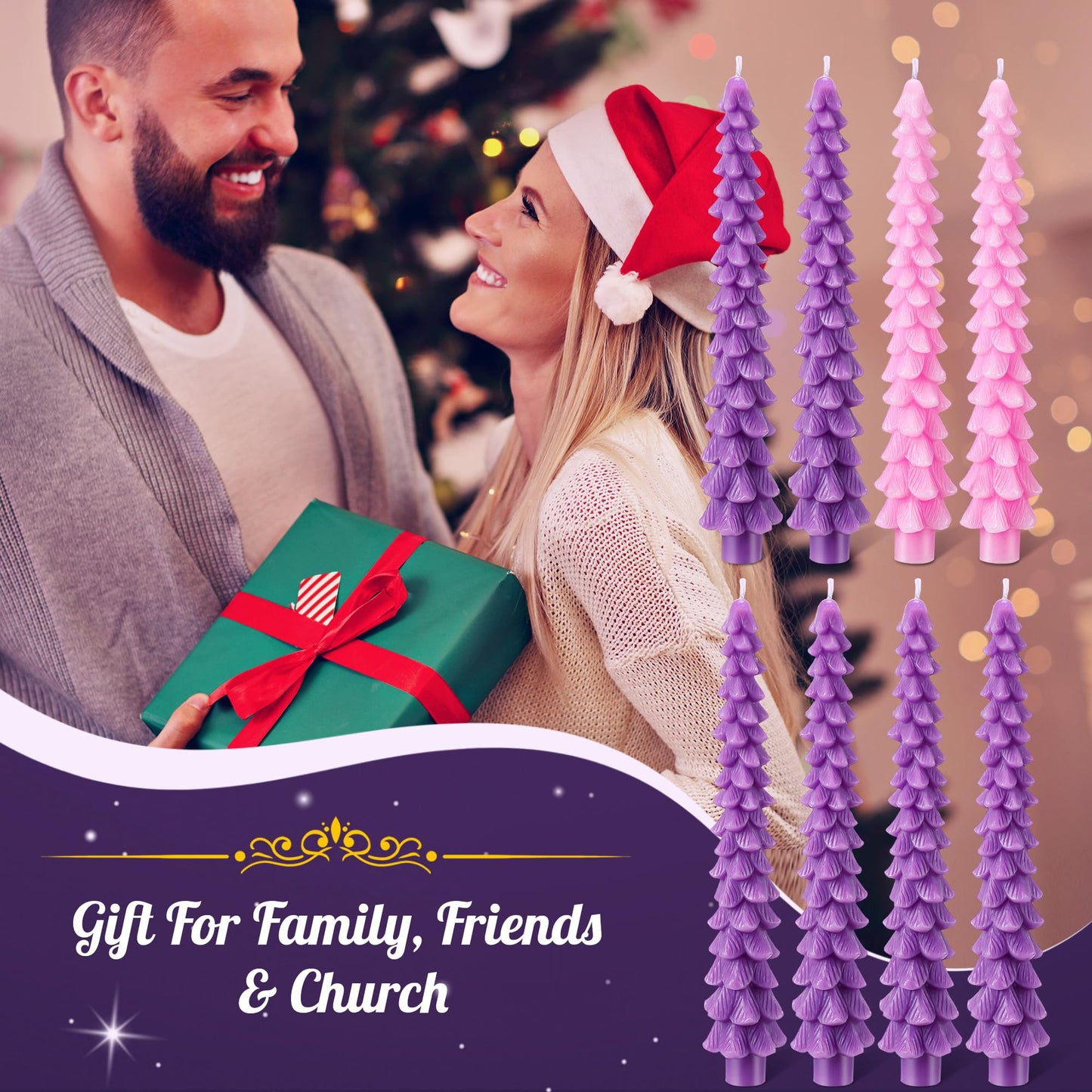 Enhon 8 Pcs Advent Candles Set, 10 Inch Tree Shaped Taper Candles, Unscented Beeswax Christmas Advent Wreath Candle for Xmas, Holiday, Church, Party, or Home Decor (Purple,Pink Style)