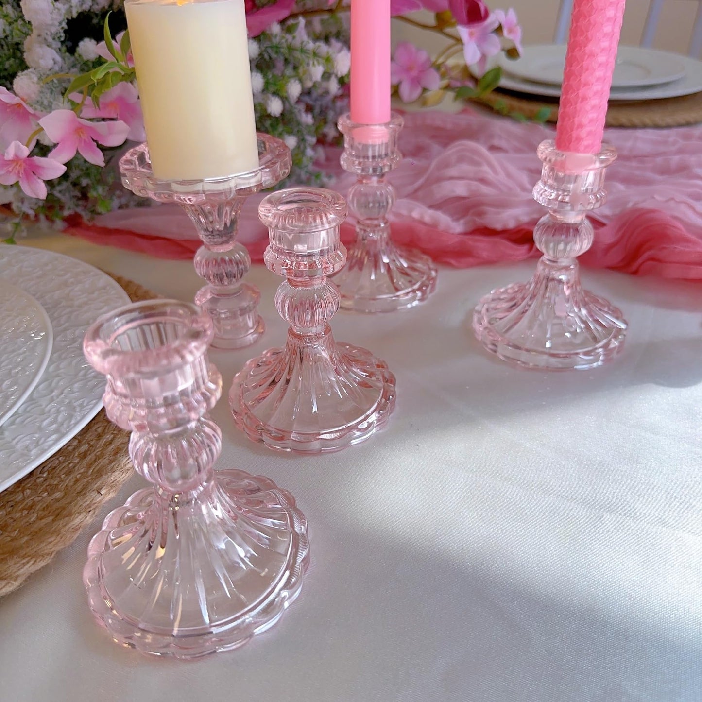 ECHFSM Glass Candlestick Holder,Striped Taper Candle Holders,Set of 6 Candle Stand for Table Centerpieces, Home Decor,Weddings,Festival and Parties (Light Pink Stripe)