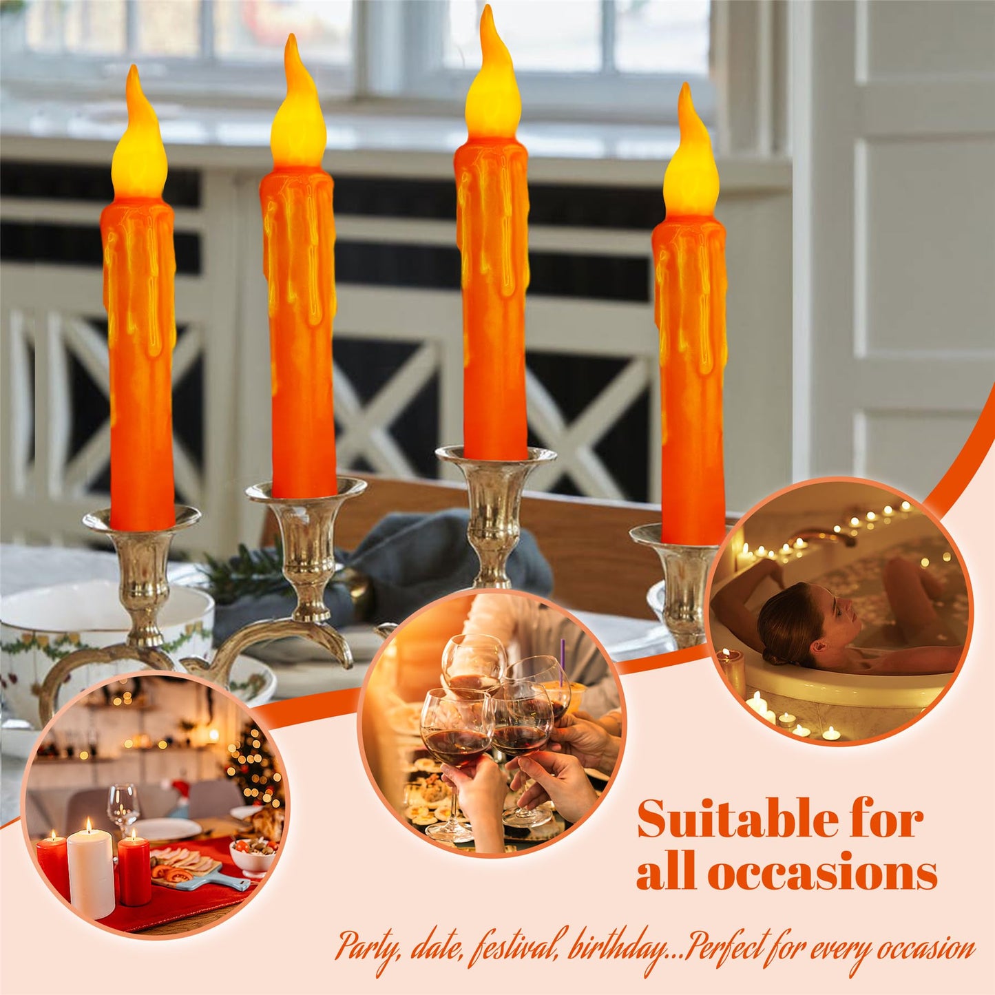 Gedengni 4pcs Orange Real Wax LED Tapered Candles, Battery Operated, Remote Controlled, 6inches, Perfect for Weddings, Decorations, Emergency Use