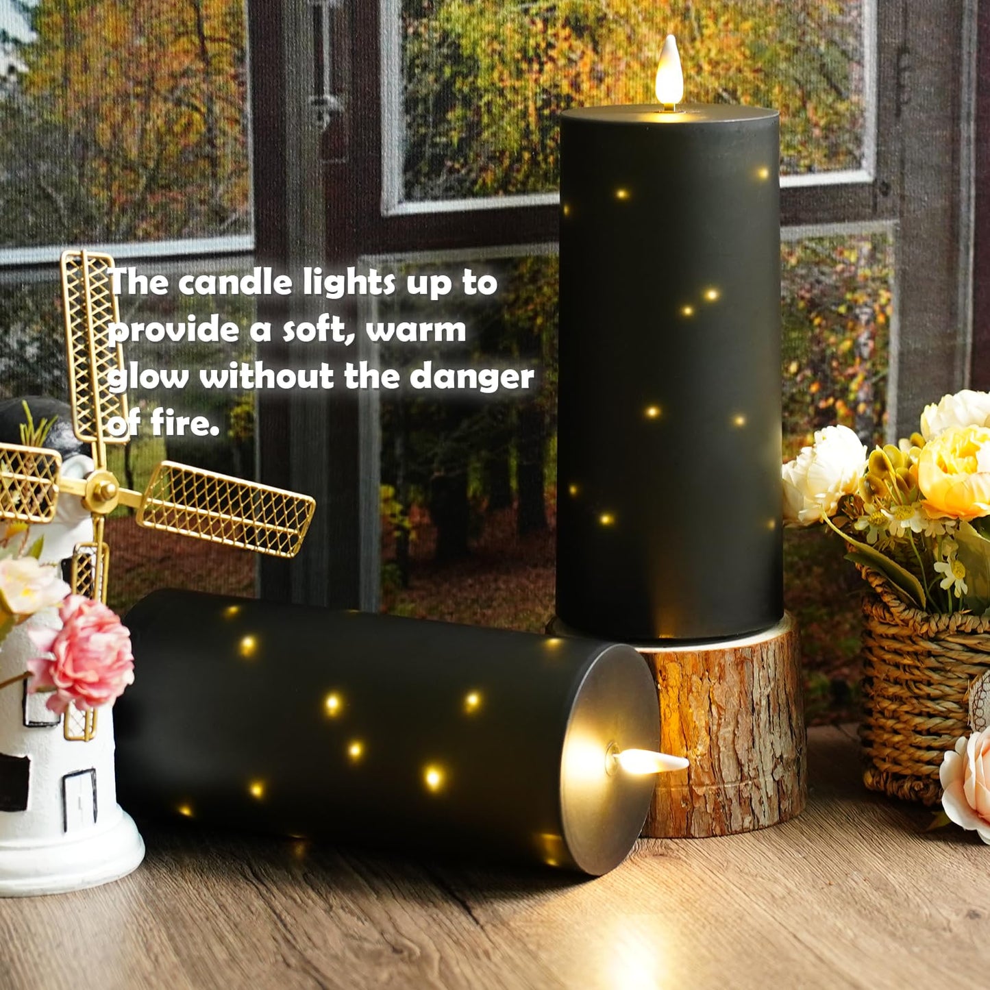kakoya 10" x 4" Large Outdoor Waterproof Flickering Flameless Candles with Timer,2Pcs Battery Operated LED Pillar Candles with Embedded Star String for Outdoor Lanterns,Porch,Patio Decor(Black)