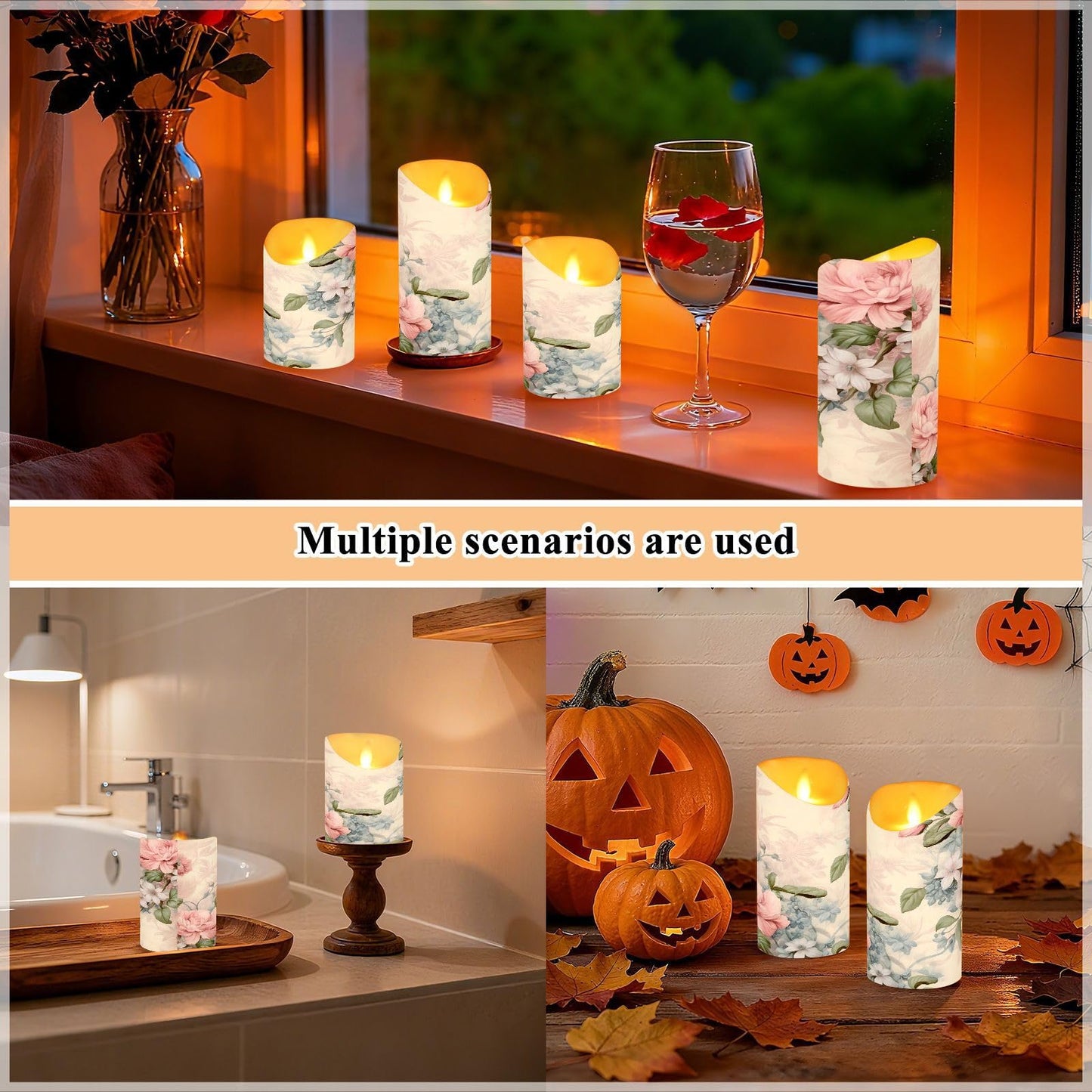 ALAZA Pink Flowers Flora Flickering Flameless Candles Battery Operated with Remote Timer,Tea Light Candles LED Pillar Votive Set of 2 for Outdoor Indoor Decorations 3" x5.9"