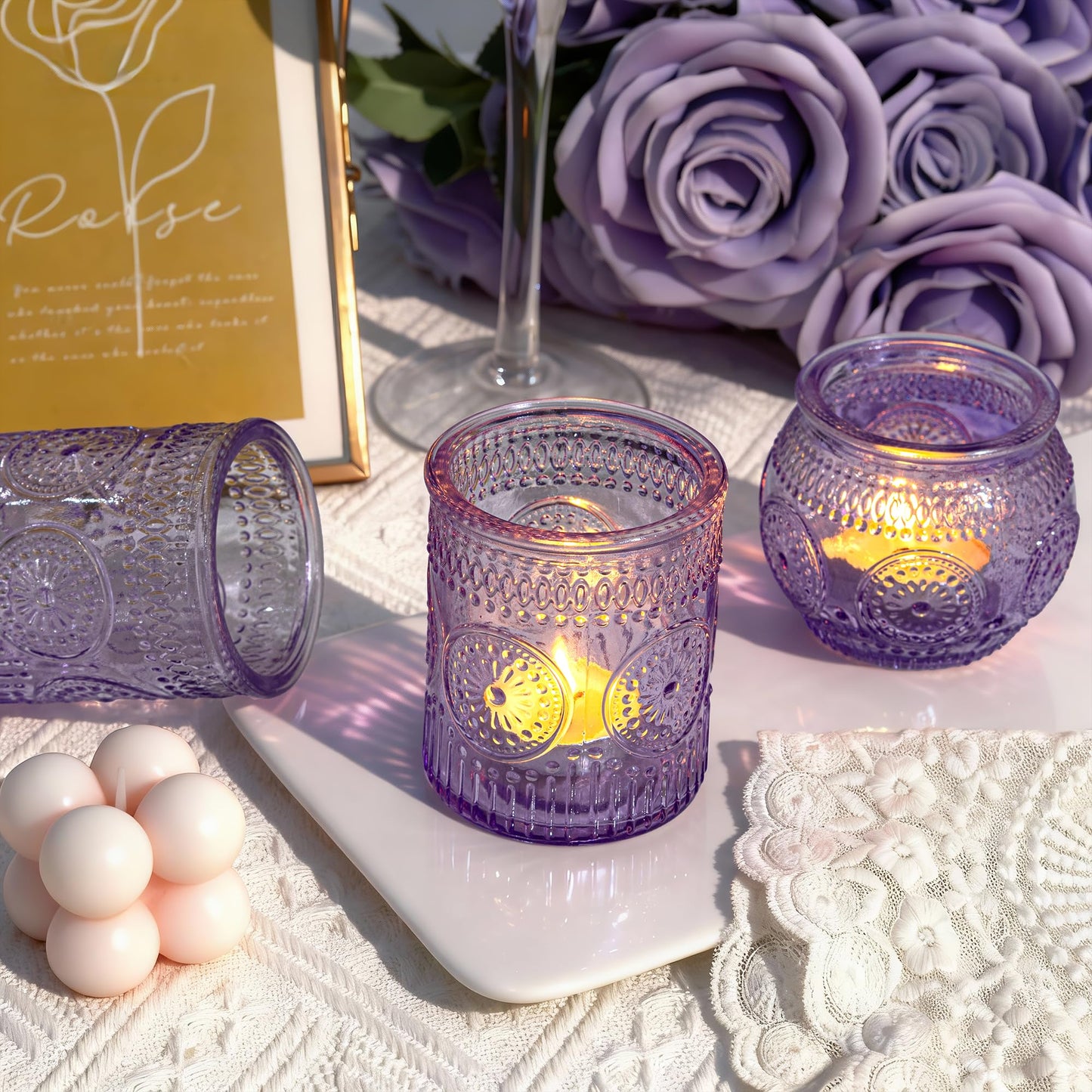 WELLIFE 24-Piece Purple Glass Votive Candle Holders Set – Tealight Candle Holder Glass Bulk with 12 Round & 12 Sunflower Textured Cups, Purple Votive Candle Holders for Weddings, Parties, Home