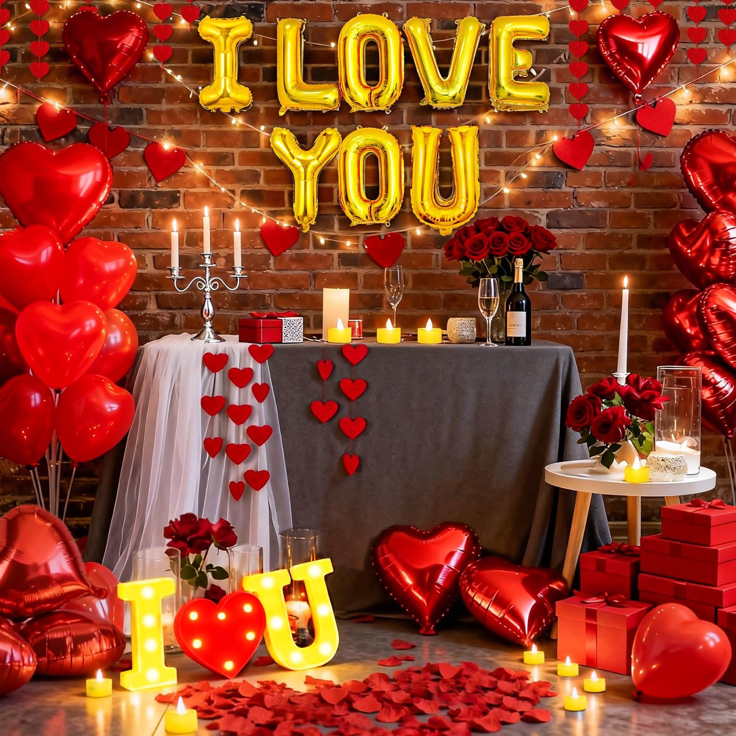 6000+PCS Rose Petals and Candles Set for Romantic Decorations Special Night - I Love You Letters Balloon and 8 Luminary Bags 6000 Rose Petals 48 Heart Candles for Anniversary Valentines Day Proposal