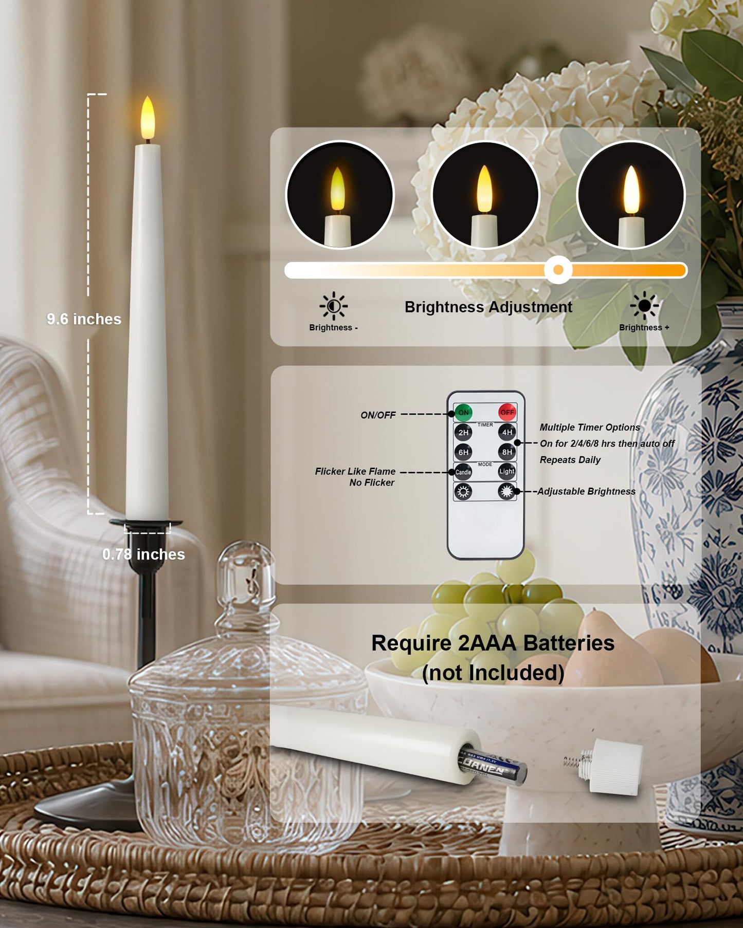 Homemory 9.6 Inches Waxy Flameless Taper Candles with Remote Timer Dimmer, Flickering LED Candlesticks, Battery Operated Window Candle for Christmas Wedding Home Decor, White, 6 Pcs