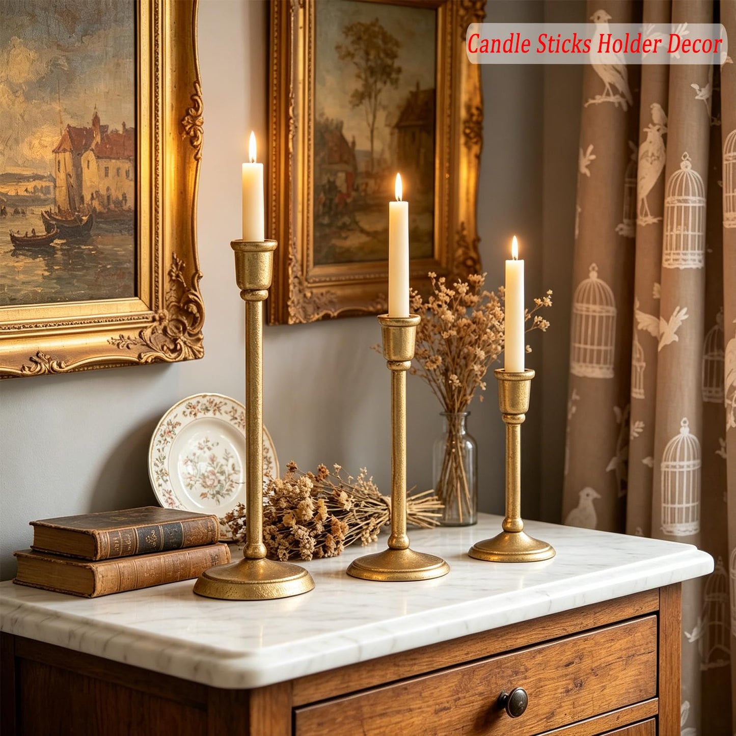 Wenbery Gold Taper Candle Holders Set of 3, Heavy Cast Iron Candlesticks with Antique Brass Finish, Sturdy Candle Sticks for Dining Table, Wedding, Fireplace, Home Decor