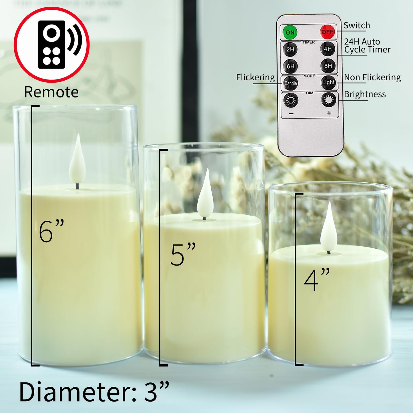 NICEME Flickering Flameless Candles with Remote Control Timer Unbreakable Acrylic Battery Operated LED Candles with Flickering Flame 3D Wick for Romantic Ambience Home Decor Set of 3, D3” xH4” 5” 6”