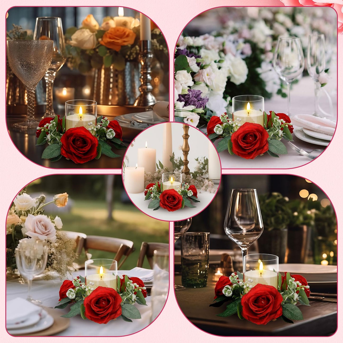 Yunlly 12 Pcs Rose Candle Rings with Flameless Candles Sets, Artificial Flower Eucalyptus Wedding Centerpiece 3 Inch Pillar Candleholders Wreaths for Wedding Party Mother's Day (Red)