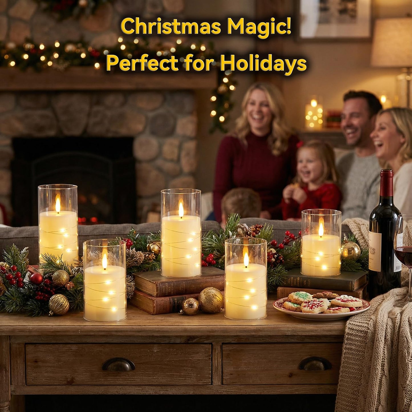 Staerysky Flameless LED Candles, Flickering Candles with Remote Control & Timer Embedded Fairy String, Battery Operated Pillar Candles, 5pc for Valentine's Day,Holiday,Home Decor,Wedding