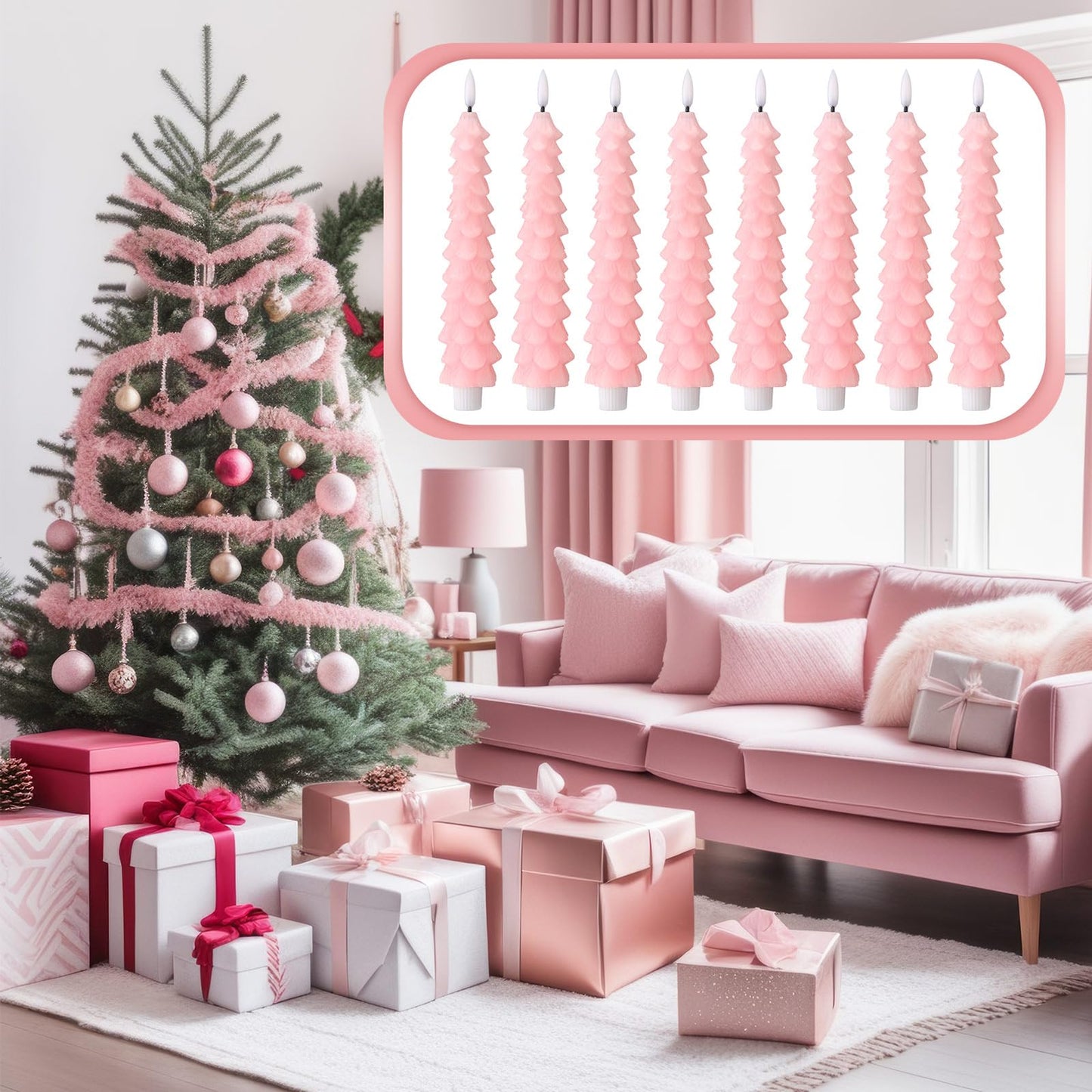Tujoe 2 Pcs Pink Christmas Tree Flameless Taper Candles with Remote Xmas LED Candlesticks Battery Operated Electric Candlelights 3D Flickering Flame for Holiday Winter Party Table Centerpiece Decor