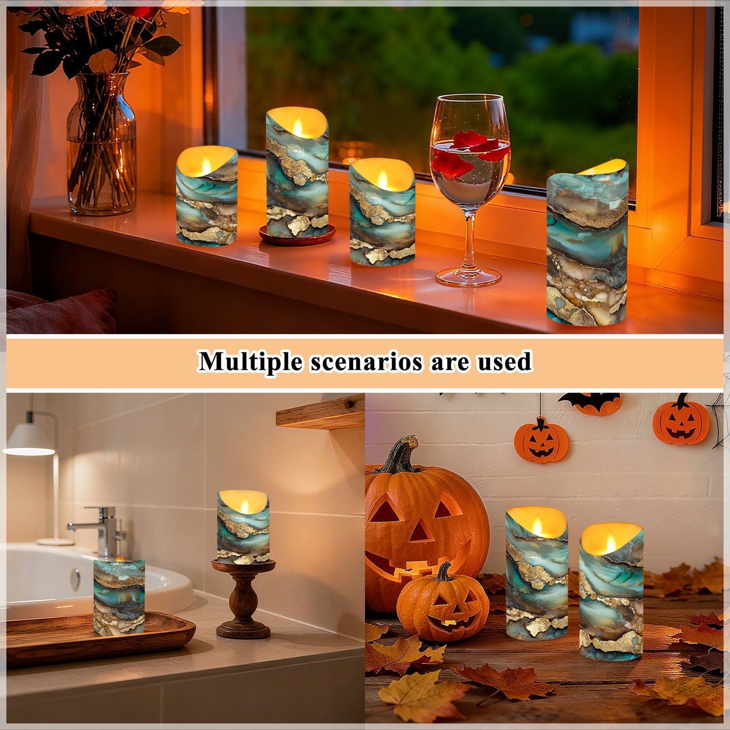 famyily Christmas Tabletop LED Candles Set of 2 Long Lasting Battery Operated Candles for Wedding Table Centerpieces 3.9x3in - Marble Brown Turquoise