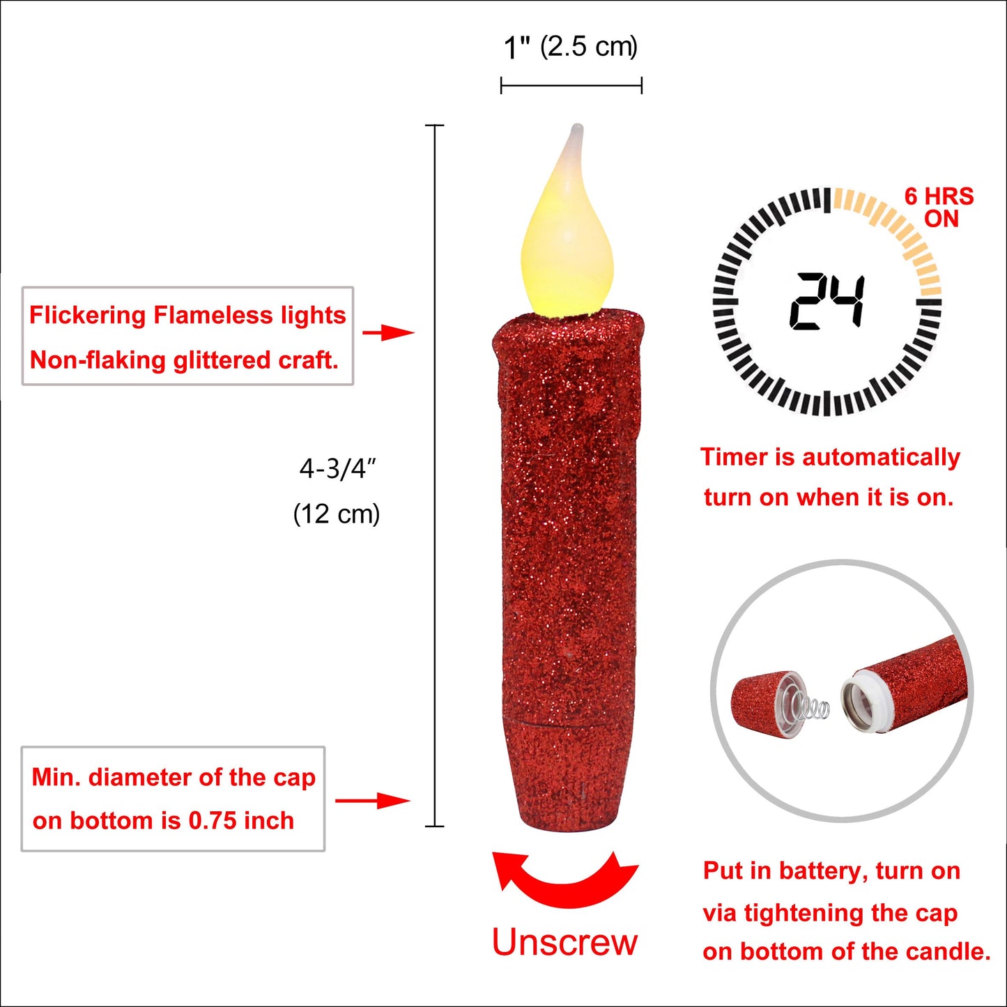 CVHOMEDECO. Glitter Flameless Candles Flickering Battery Operated LED Taper Candles with Timer for Home, Wedding, Halloween, Christmas Decor. Red, 4-3/4 Inch, Set of 3