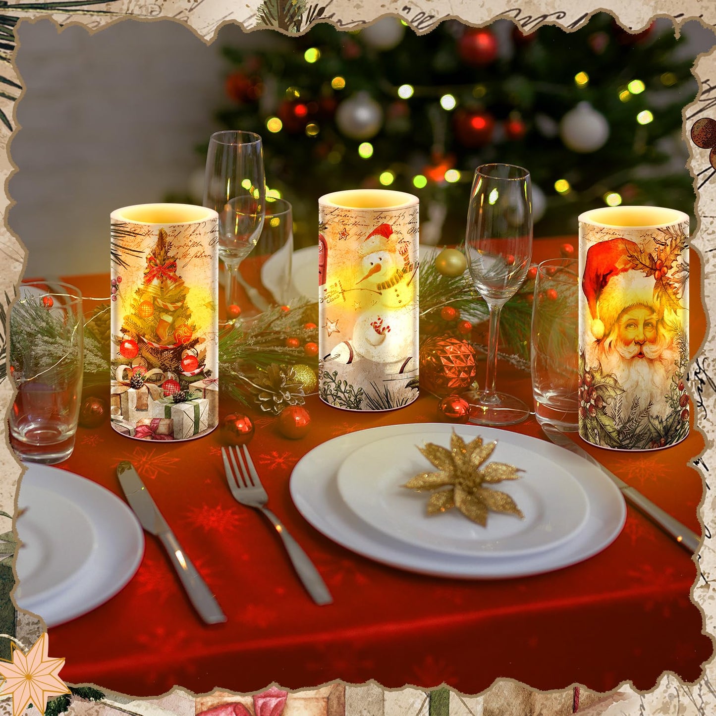 Retisee 3 Pcs Christmas Flameless Candles with Remote Timer Real Wax LED Flickering Pillar Candle White Cold Light Battery Operated for Home Window Xmas Gift Winter Holiday Decor(Retro)