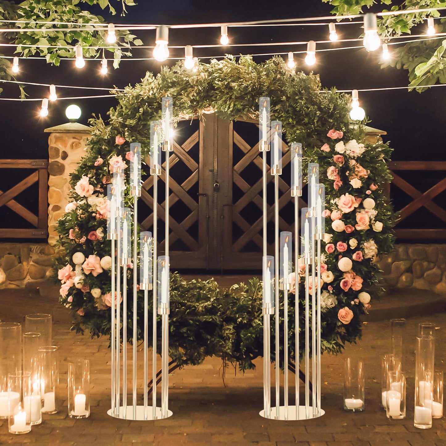 2 Sets Gold Candelabra,12 Arm Candlestick Holders with Acrylic Shades, 46'' High Large Floor Candle Holders for Wedding Centerpieces Table Decorations Fit 0.9" Candles and LED Taper Candles