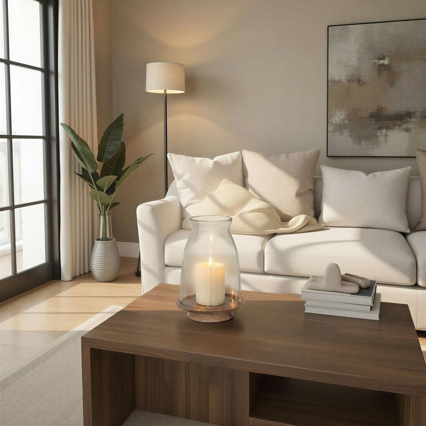 Creative Co-Op Glass Hurricane Candleholder with Mango Wood Base, Natural & Clear