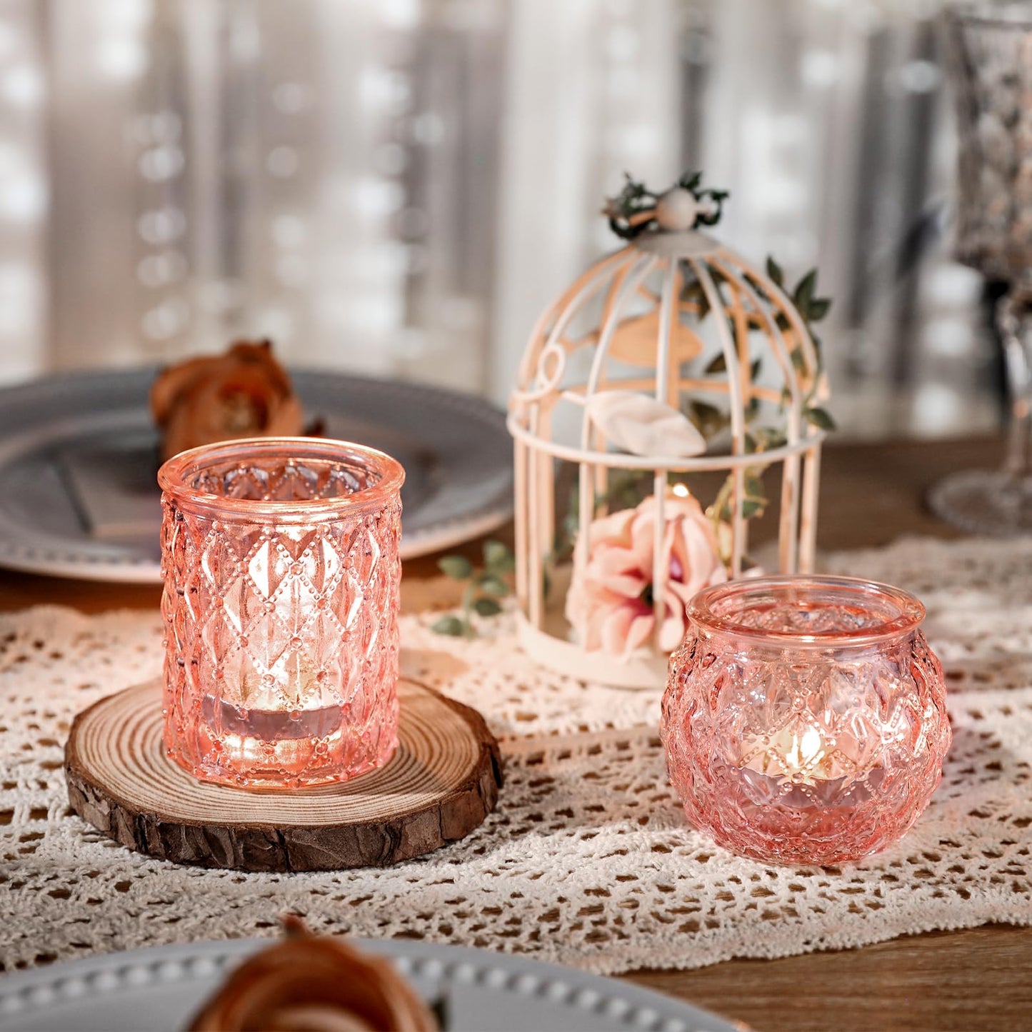 DARJEN Pink Votive Candle Holders Set of 24- Round Glass Candle Holders Bulk for Flameless LED Tea Waxes, Romantic Candle Holder for Wedding & Various Parties, Home Table Decor (Pack of 4)