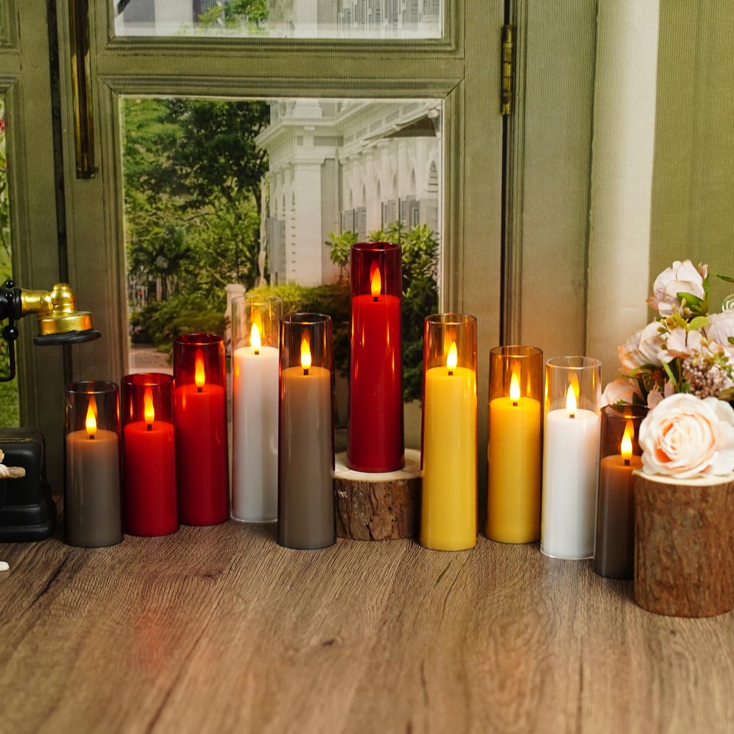 Nimiko Small Flickering Flameless Candles - Battery Operated LED Fake Candles, Pack of 12 (D1.57 x H4 5" 6") for Holiday Decor, Home, Weddings (Gold)