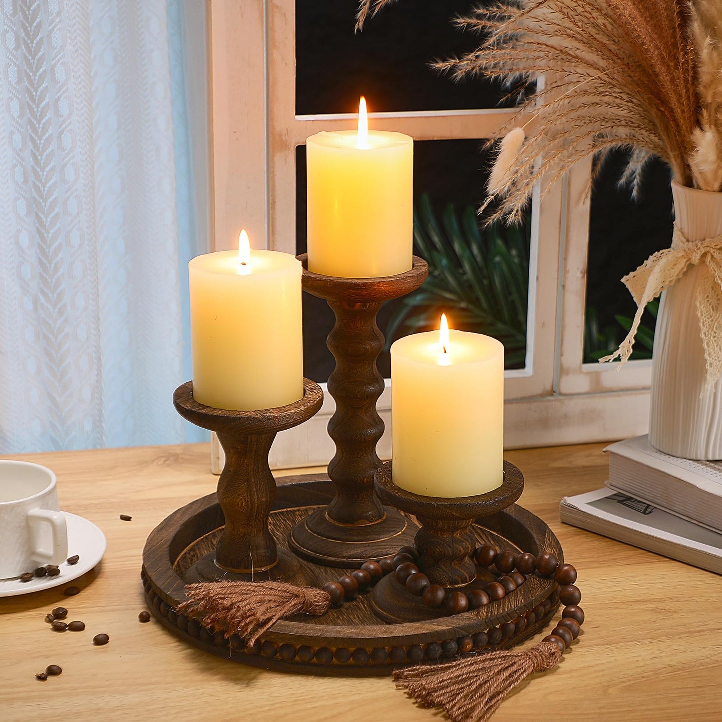 Reallnaive 8 Pcs Farmhouse Wood Candle Holders with Pillar Candles Set Wooden Rustic Candle Holders Round Decorative Serving Tray Bead Garland with Natural Wood Tassels for Table Centerpiece (Brown)